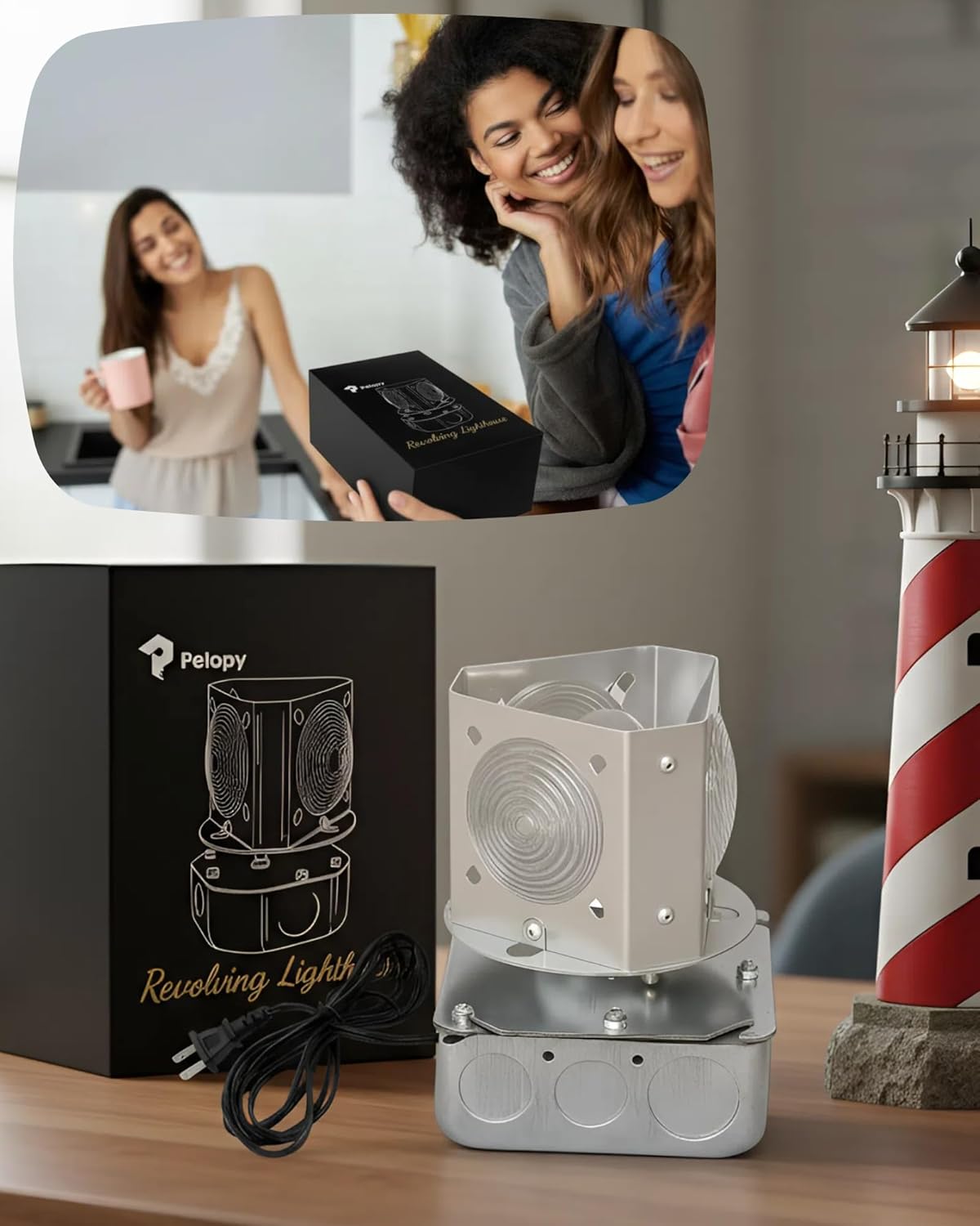 Pelopy Rotating Beacon Light with Bulb Revolving Lighthouse Light Kit Lighthouse Decorative Gift for DIY Lawn Yard Outdoor Decor