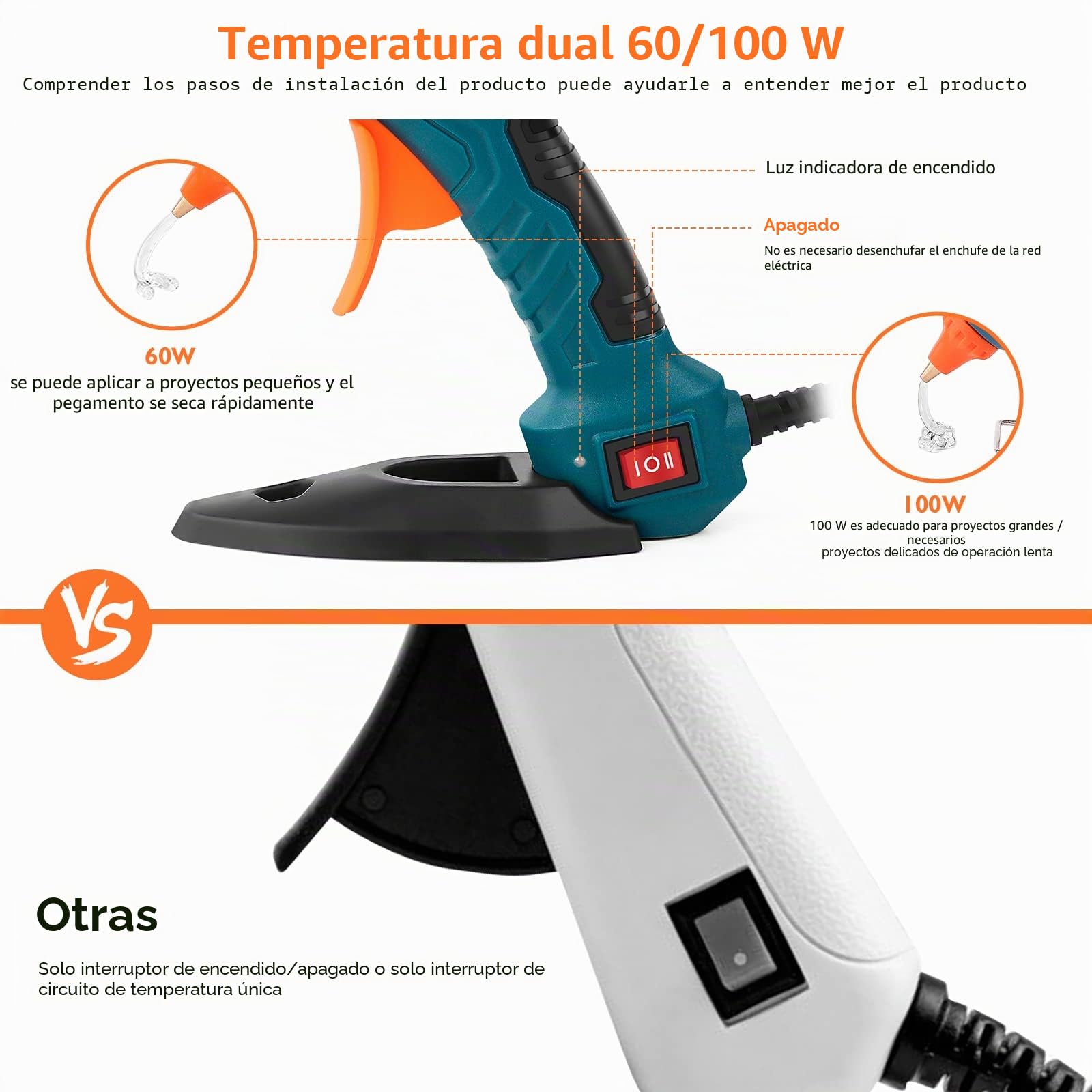 Pistola Silicona Caliente 60 / 100W Doble Temperatura, Barras de Pegamento de 11mm, para Arte, Empaques, Reparaciones y en el hogar, Oficina y Escuela
