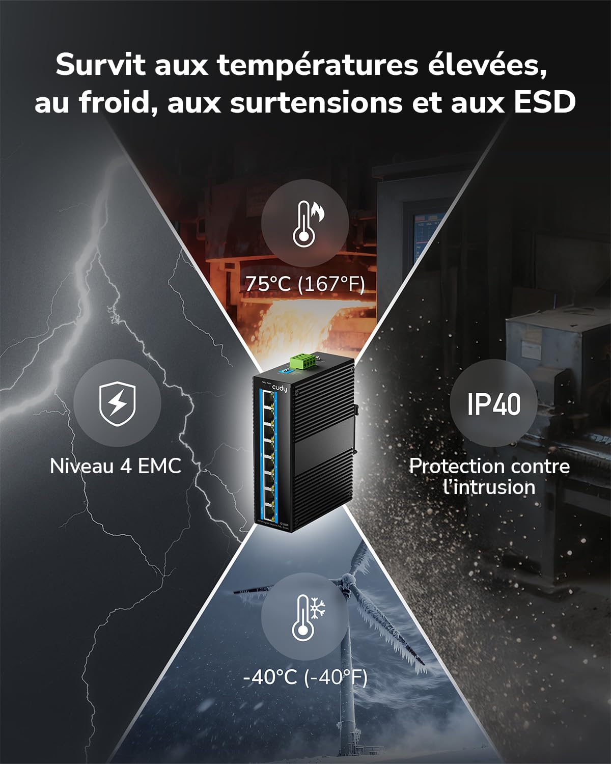 Cudy Commutateur PoE+ Gigabit Industriel à 8 Ports avec Rail DIN, IG1008P | 8 ports GbE 802.3af/at, puissance nominale de 240 W, plug & play, IP40, -40 à 75 °C, double entrée CC, boîtier en aluminium
