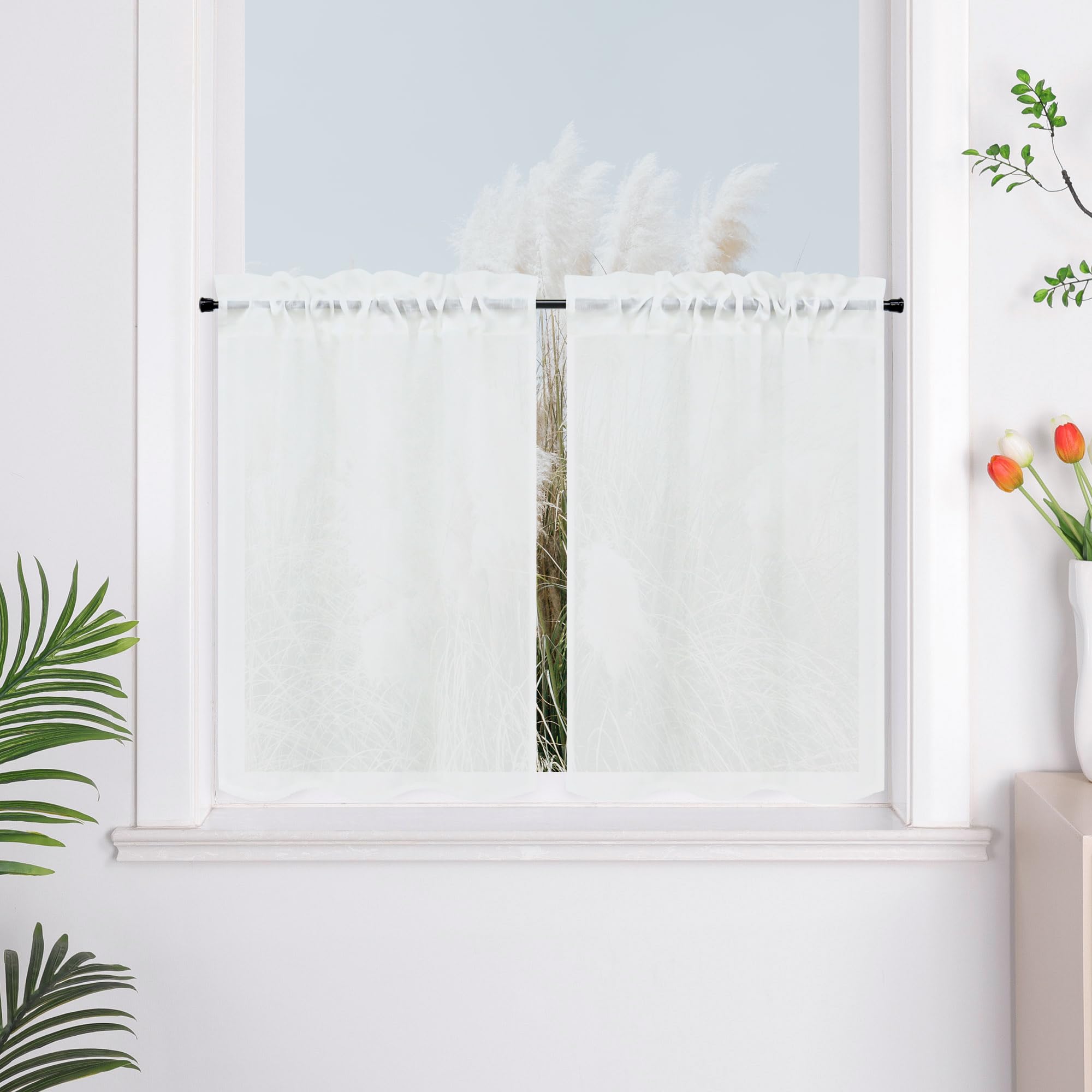 Rideau voilage uni moderne blanc Yujiao Mao 2 pièces effet lin pour petite fenêtre