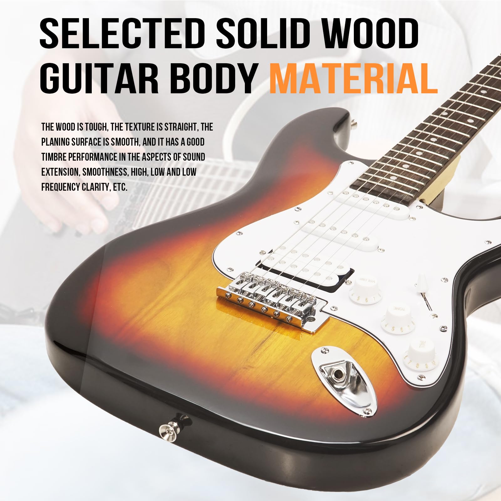 Soulmate E-Gitarren-Set für Anfänger, 99,1 cm, HSS-Tonabnehmer, solider Körper, volle Größe, E-Gitarre für Starter mit Verstärker, Tasche, Kapodaster, Gurt, Saite, Kabel, Plektren (Sunburst)