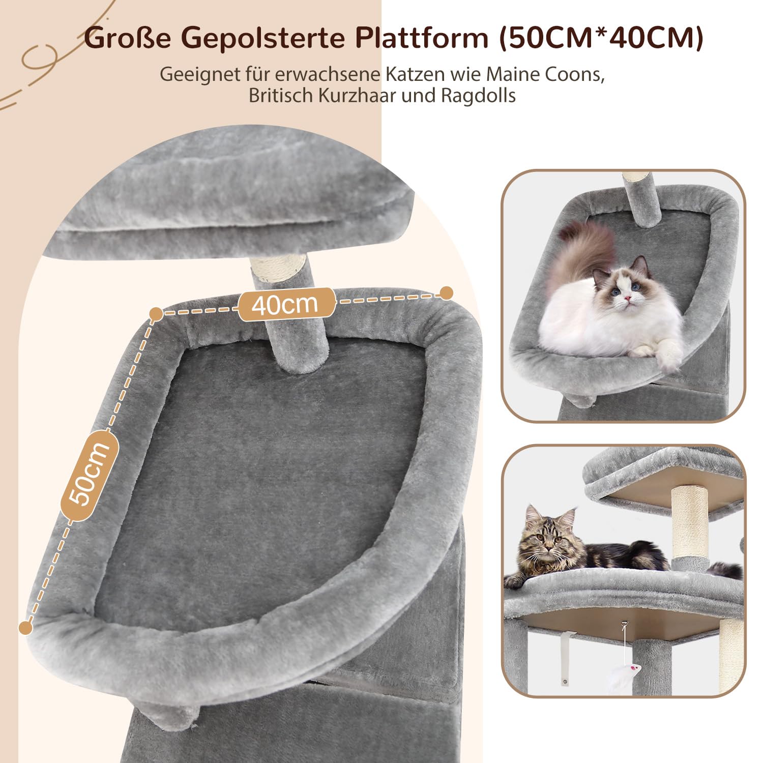 Globlazer Drapak XXL 193 cm wysokości z 2 dużymi domkami dla kotów, hamak 50 x 40 cm, duża platforma, wyściełana, pluszowa zabawka, kolumny sizalowe, stabilne dla 3-5 dużych kotów (S76B, jasnoszary)