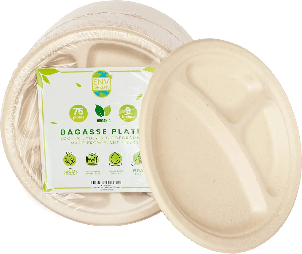 EnvGreens Compostable &amp; Biodegradable Bagasse Compartment Plates – 9 Inches Sugarcane Bagasse Plates – Durable Food Container for Indoor/Outdoor Meals – 100% Eco-Friendly Disposable Plates (75 Pack)