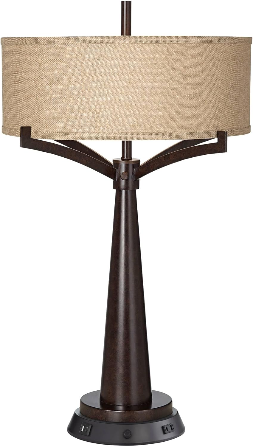Franklin Iron Works Tremont Rustic Farmhouse Table Lamp 31 1/2" Tall with USB and AC Power Outlets in Base Bronze Iron Dimmable Burlap Drum Shade for Bedroom Living Room House Bedside Nightstand