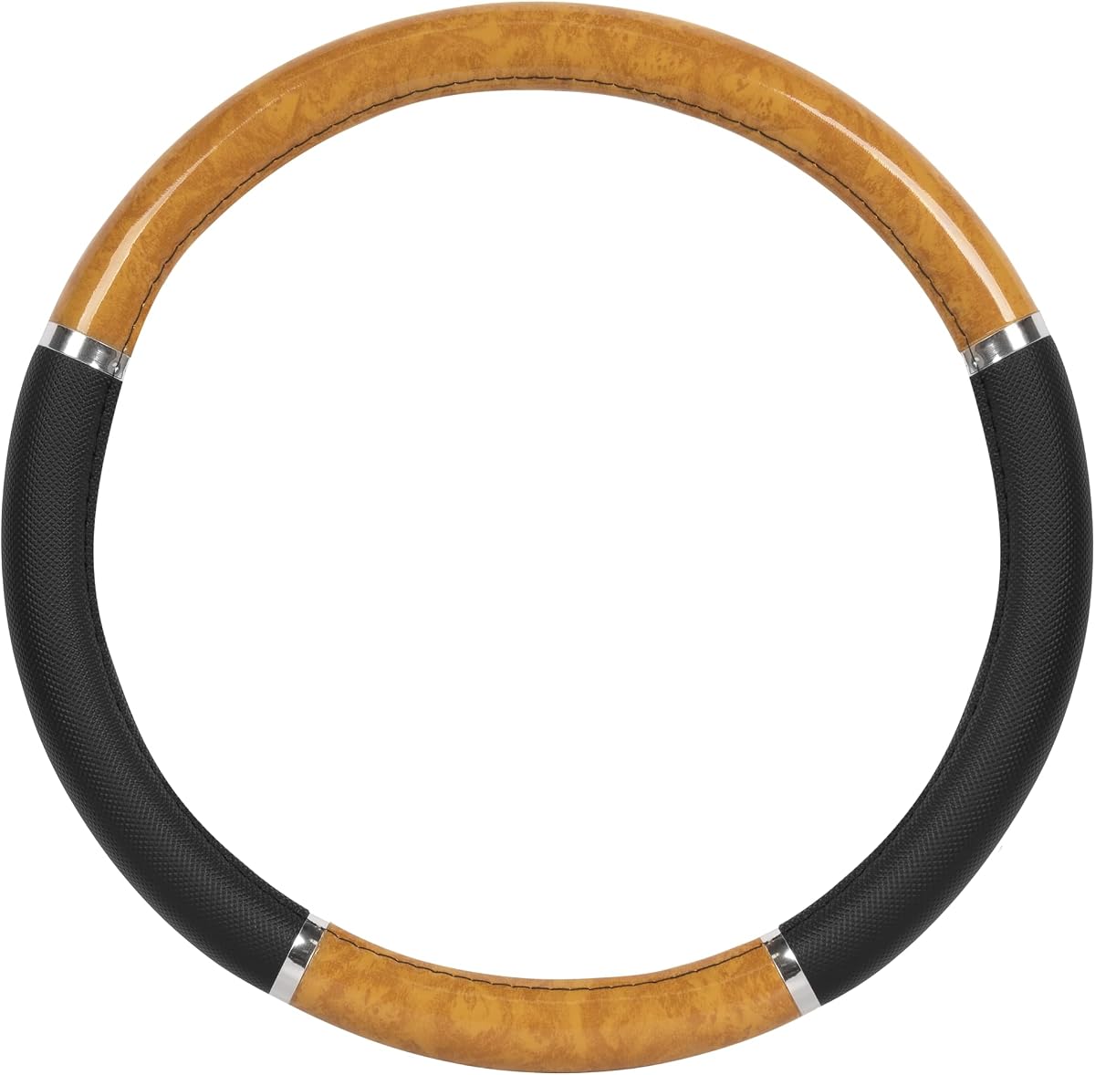 Chrome Wood Grain Black & Beige Steering Wheel Cover for Cars, Trucks, Van, SUVs - Elegant and Comfortable Grip Accessories