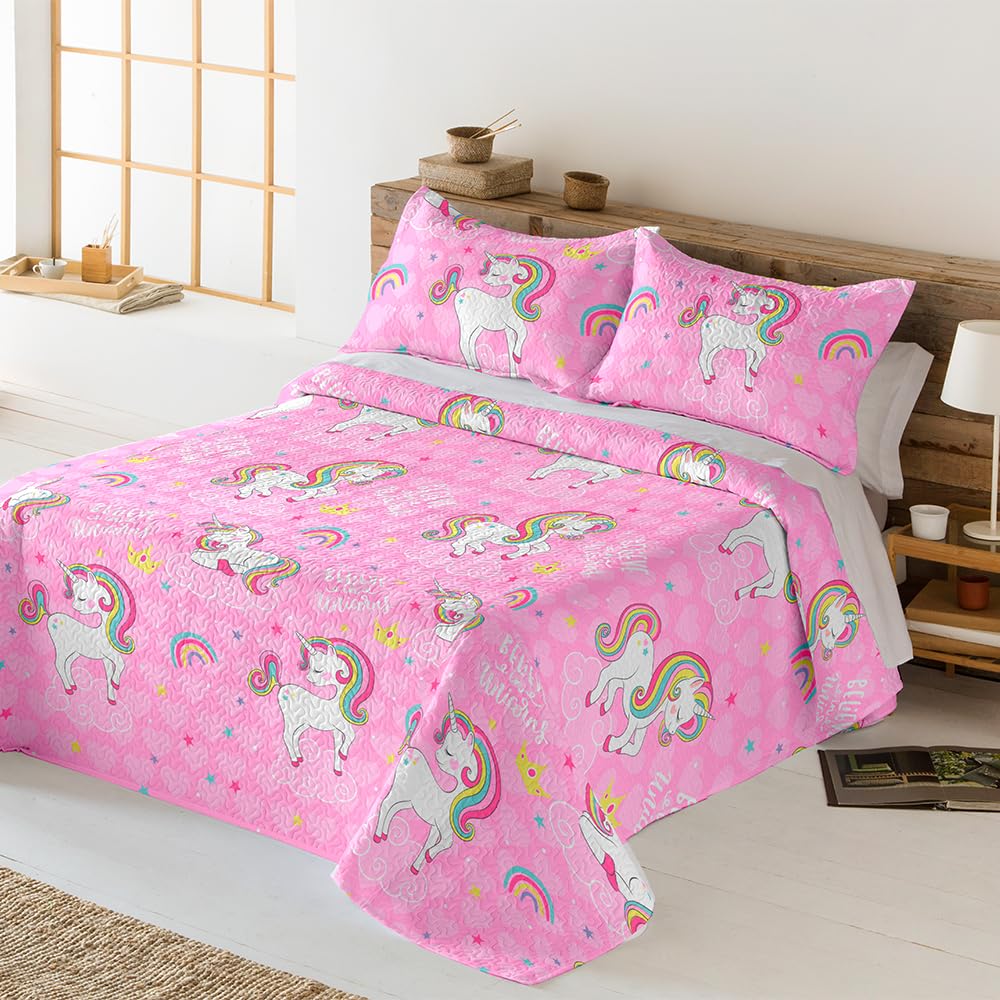 DECASATEXTIL - Colcha Infantil para Cama de 90 - Diversos Diseños para los Más Peques - Encanto y Fantasía en la Cama Infantil - 100% Microfibra (Cama 90/105cm- 180x265cm, Unicornios)
