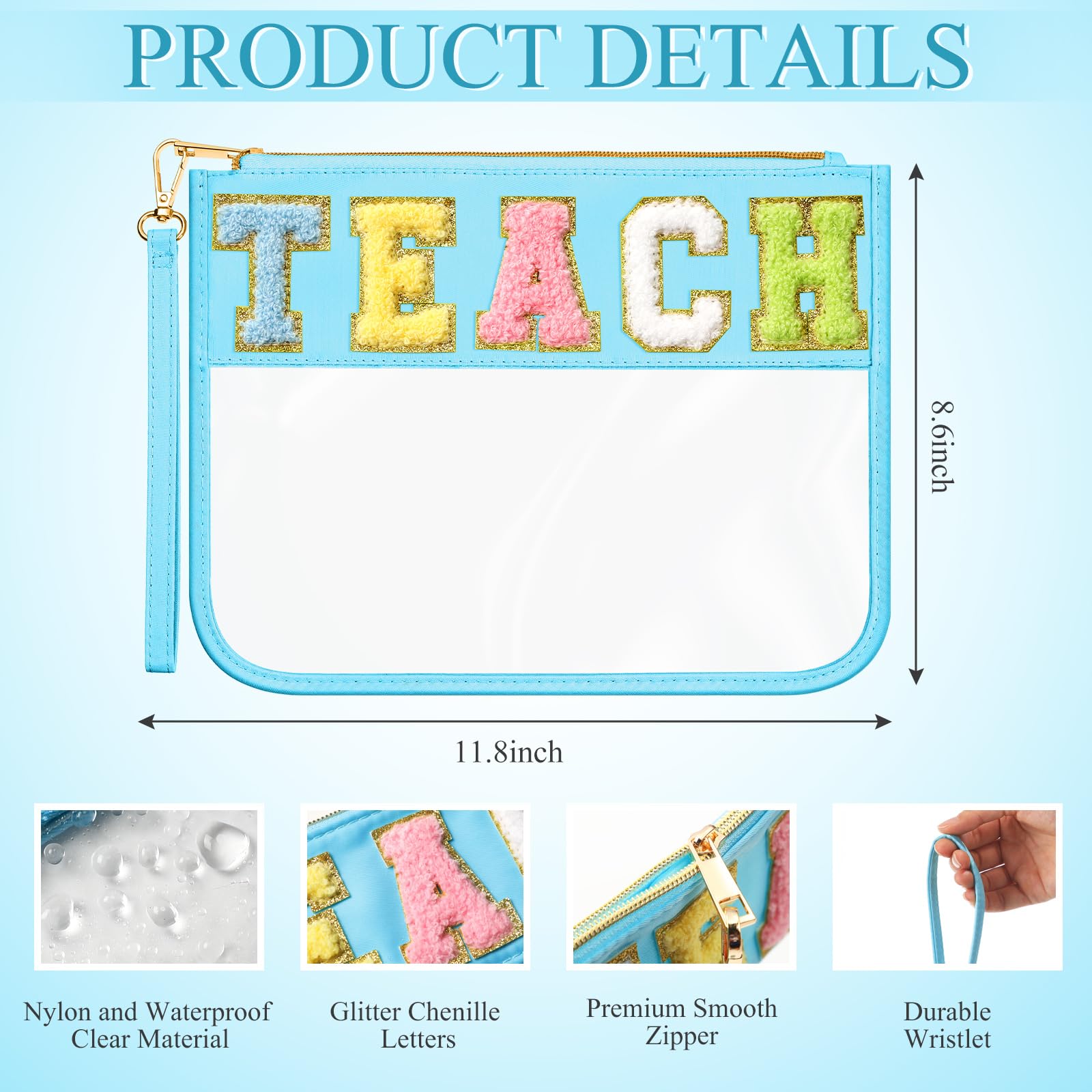 Abbylike 12 Pcs Snack Bags Clear Chenille Letter Teach Zipper Pouch Waterproof PVC Large Travel Makeup Cosmetic Storage Organizer Bag for Mom Team Cheerleaders Teacher (Multicolor)