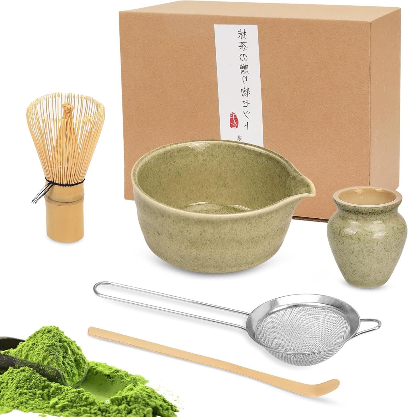 Set de Thé Matcha Premium avec Fouet en Bambou, Bol en Céramique et Cuillère – Kit Complet pour Cérémonie du Thé Japonais – Idéal pour Débutants et Amateurs de Matcha