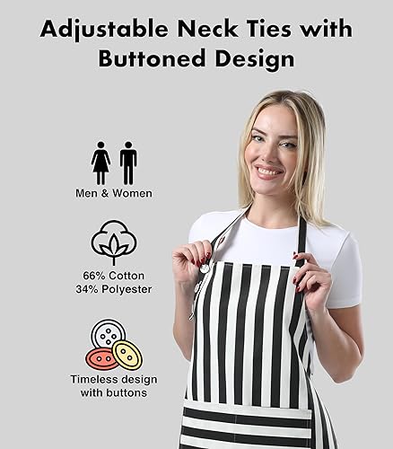 Miniatura 2 de Delantal de cocina de algodón resistente a las gotas de agua con delantales ajustables para mujeres con bolsillos, delantal de cocina para hombres