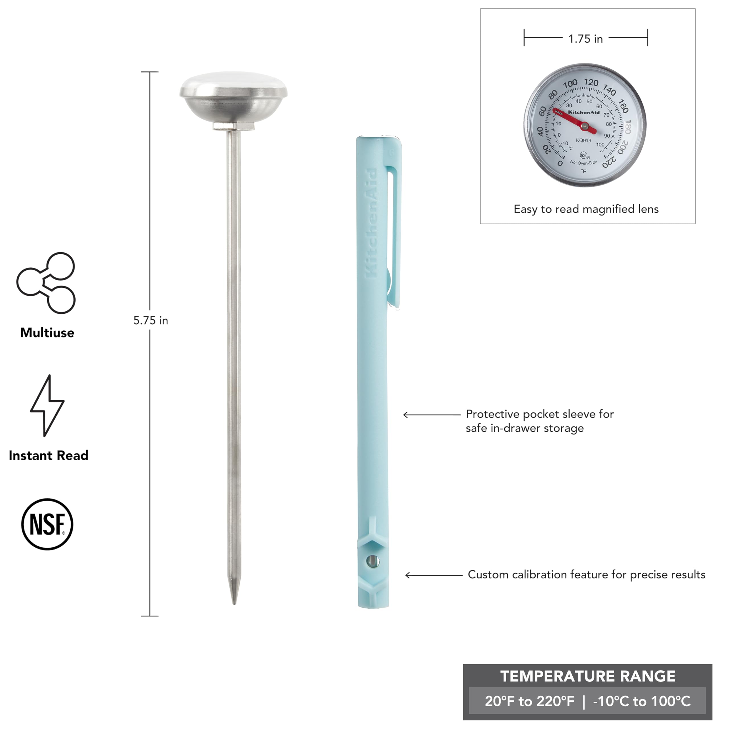 KitchenAid Termómetro analógico de lectura instantánea para alimentos y carne con esfera de 1.75 pulgadas, función de recalibración, funda de almacenamiento de agua mineral