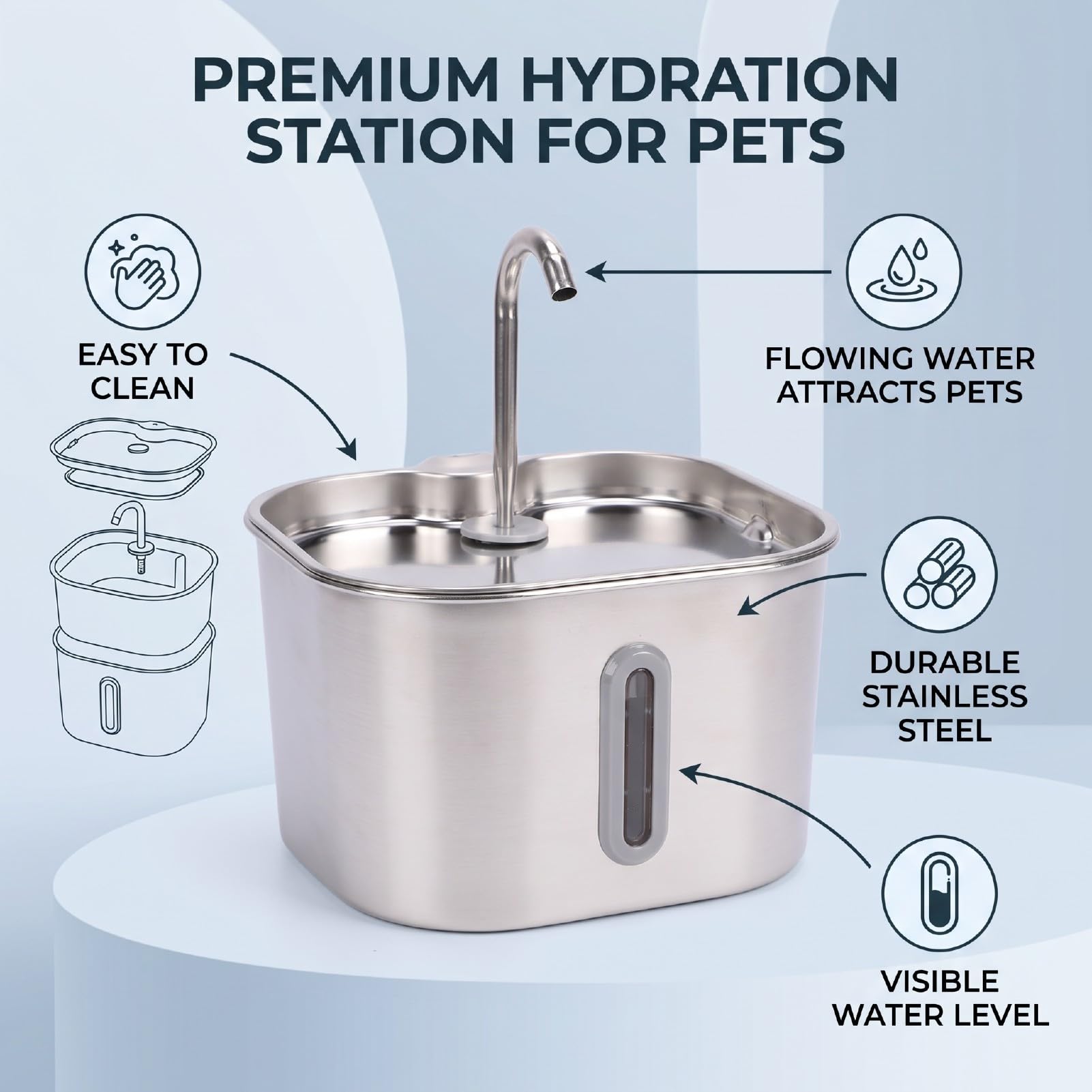 Topiky Fuente de Agua para Gatos Cuadrada 2.2L Acero Inoxidable (2.2L