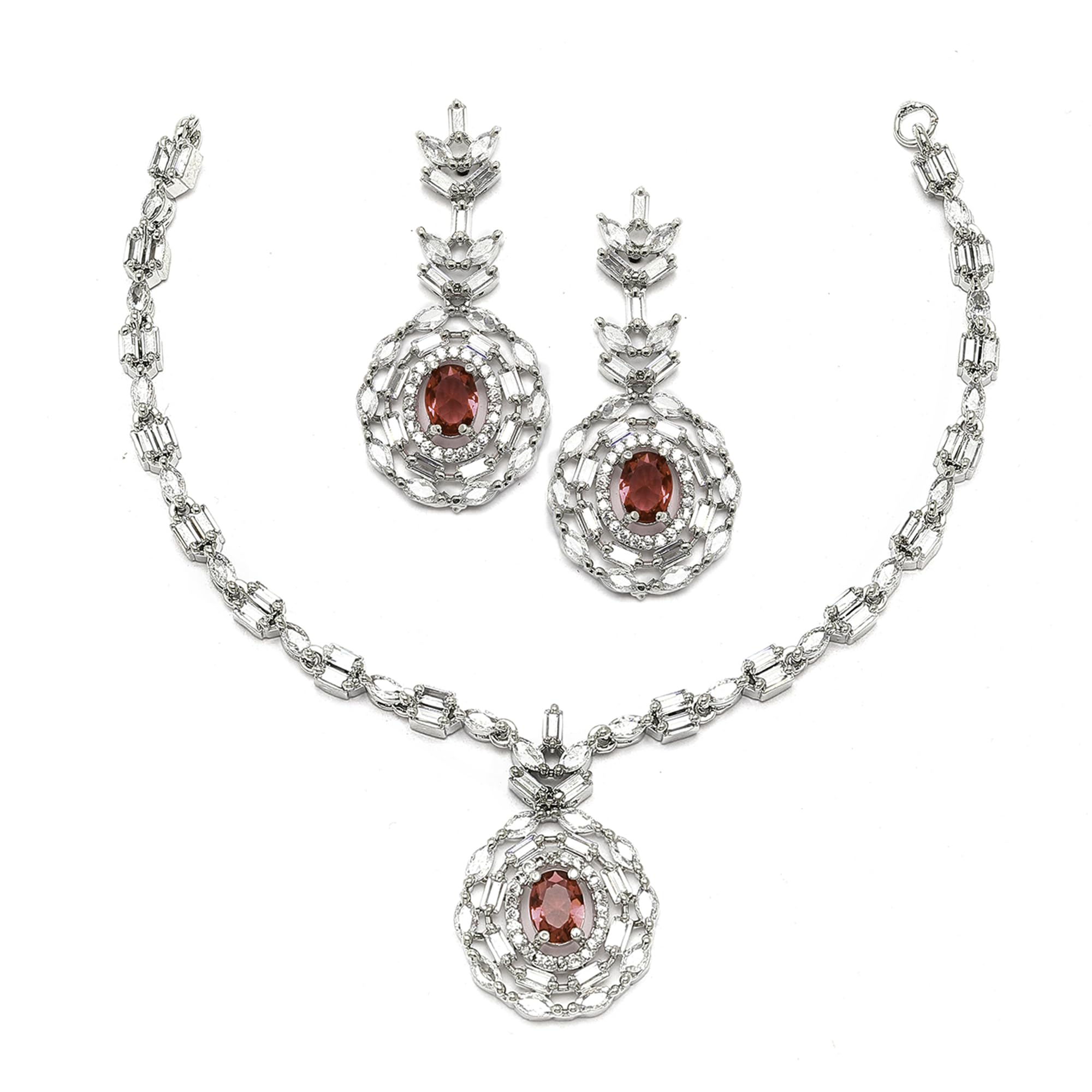 ZENEME Rhodium-Plated Silver Toned Square & Circular Shaped American Diamond Studded Necklace with Earring Jewellery Set for Girls and Women (Red) (B0CGVPZ567) Amazon Price History, Amazon Price Tracker