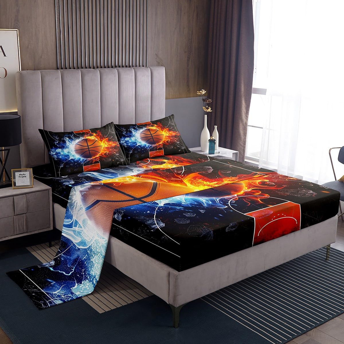 jejeloiu Basketball Bed Sheets Set Queen Size Kids Water-fire Ball Pattern Bedding Set for Boys Girls Sports Gaming Fitted Sheet Room Decor