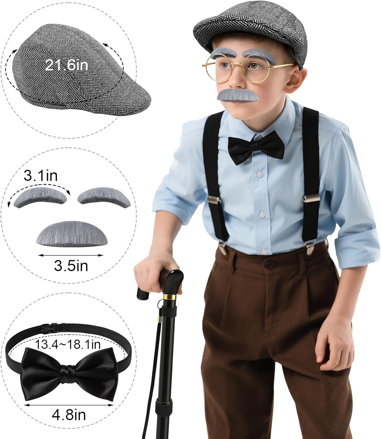 100 Days of School Old Man Costume Set, Grandpa Accessories: Beret, Bow Tie, Suspenders, Glasses, Cane, Beard & Watch - Image 3