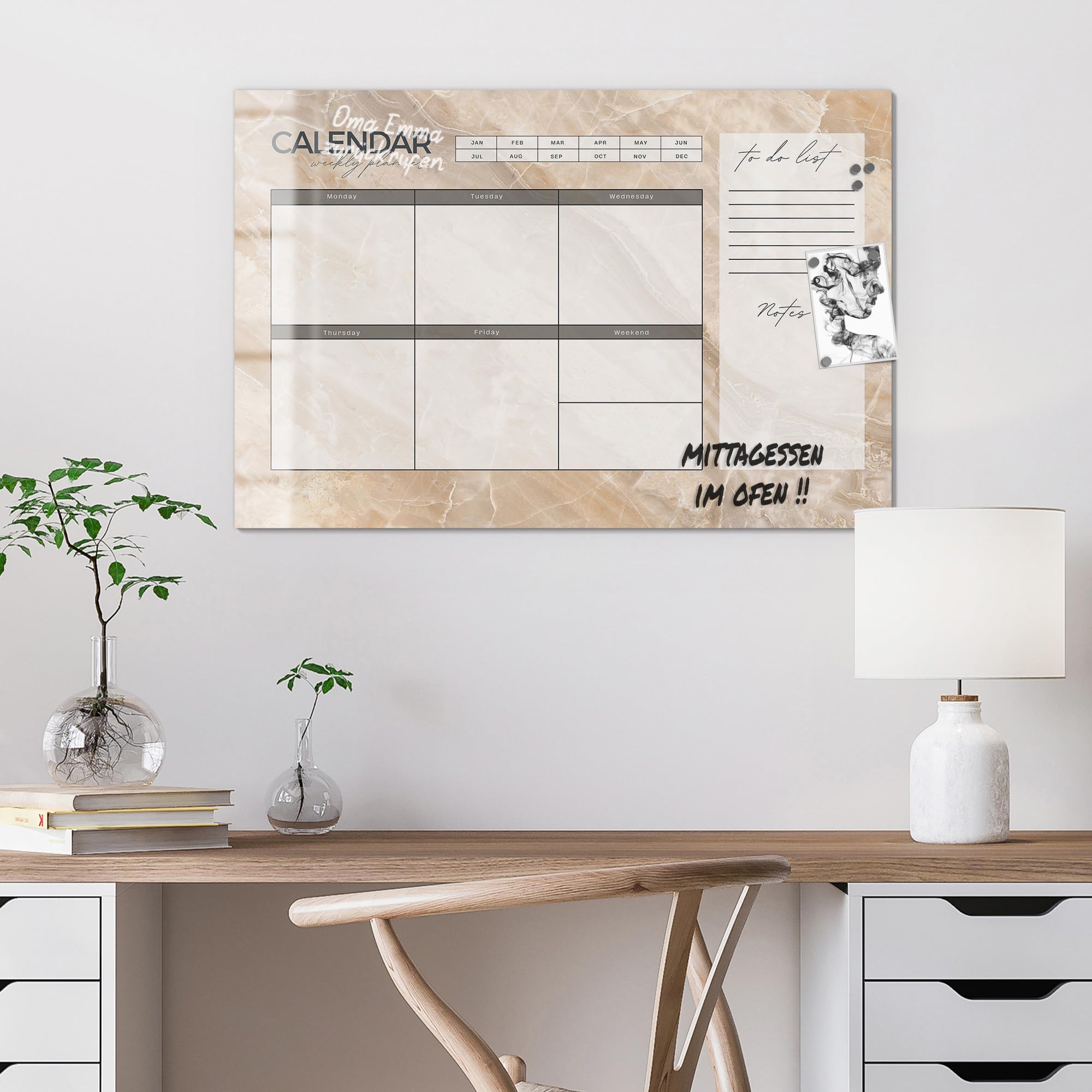 DEQORI Lavagna magnetica in vetro | 90 x 60 cm | motivo "Agenda settimanale elegante (EN)" | Lavagna magnetica con magneti, penna e panno per cucina e ufficio, lavagna magnetica e scrivibile