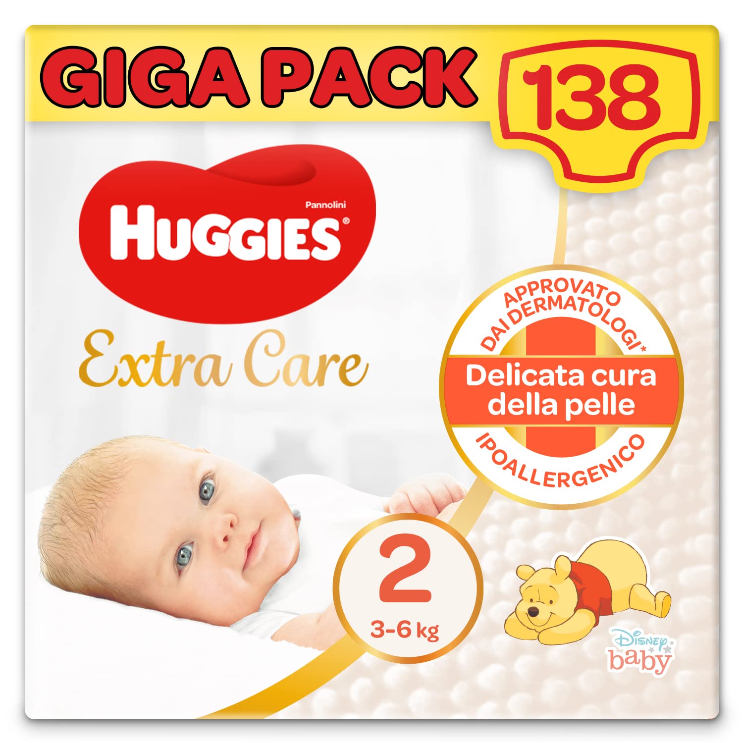 Huggies Pannolini Extra Care Bebè, Taglia 2 (3-6Kg), Confezione da 138 Pannolini Taglia 2 138 Pannolini