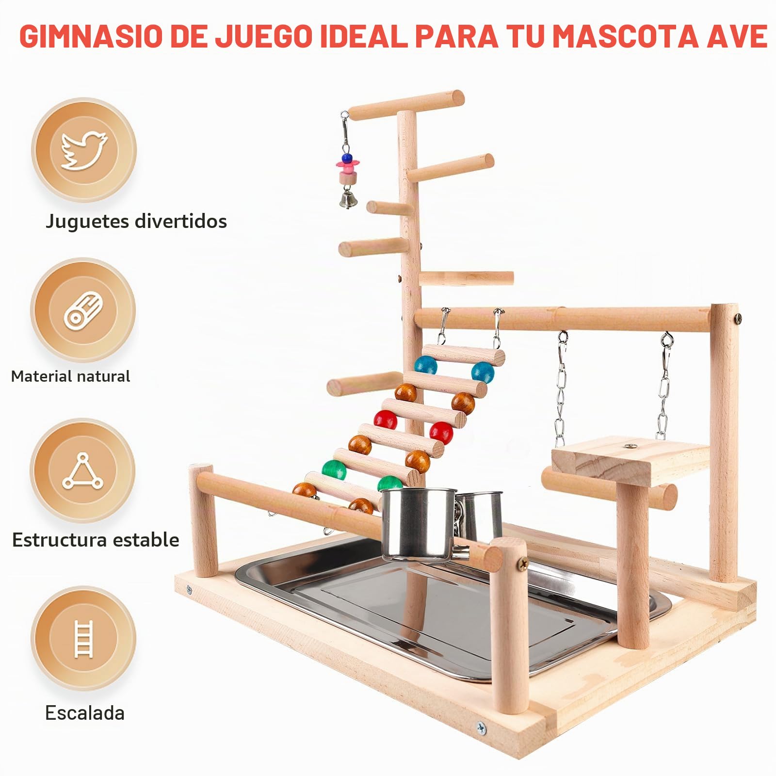 Juguete para pájaros, juguete para loros, juguete para periquitos, parque infantil con copa alimentadora, escalada, columpio y bandeja, asiento para periquitos, cacatúas, 37 x 26 x 44 cm