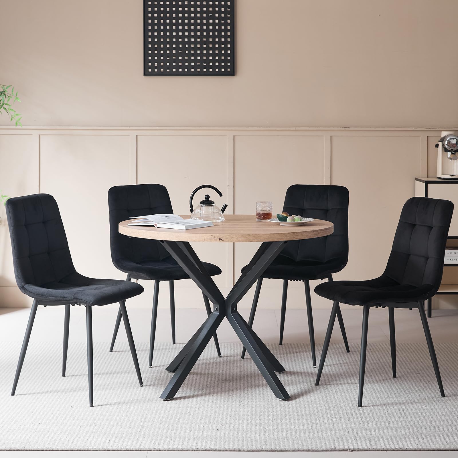 Lot de 4 Chaises de Salle à Manger Modernes, Confortables, en Velours Hollandais, sans Accoudoirs, avec Pieds en Métal, Idéales pour Les Chambres, Les Bureaux et Les Salons, Noires - HL