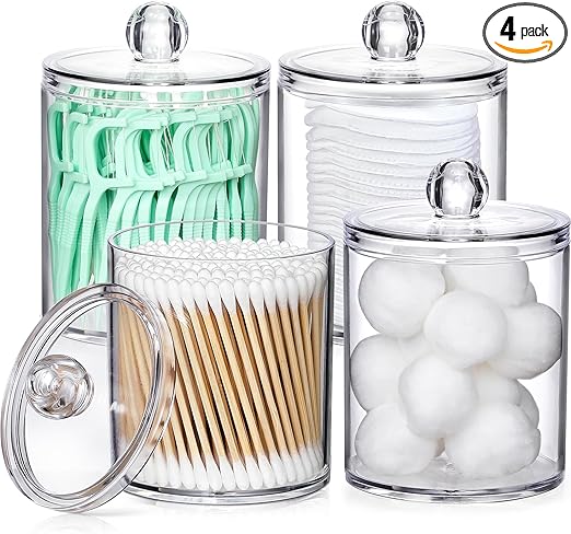 4 Pack Acrylic Qtip Holder Dispenser for Cotton Swabs, Balls, Pads, Floss Picks