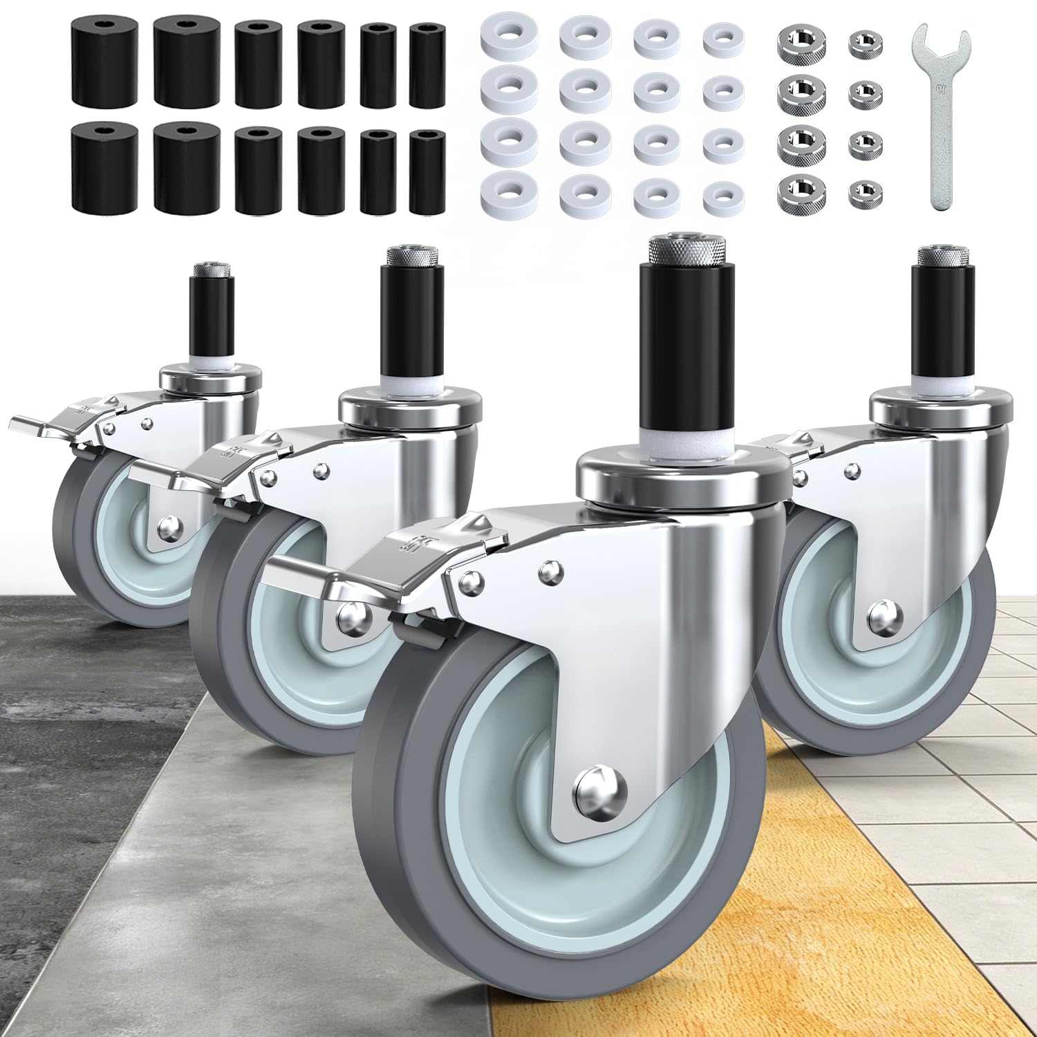 Photo 1 of HOLKIE Caster Wheels Locking 5 Inch Expanding Stem Casters, Threaded Swivel Casters Set of 4 Heavy Duty Castors, Fit 1", 1-1/4", 1-2/5",1-1/2", 1-5/8" ID Stainless Steel Table, Cart, Furniture Legs