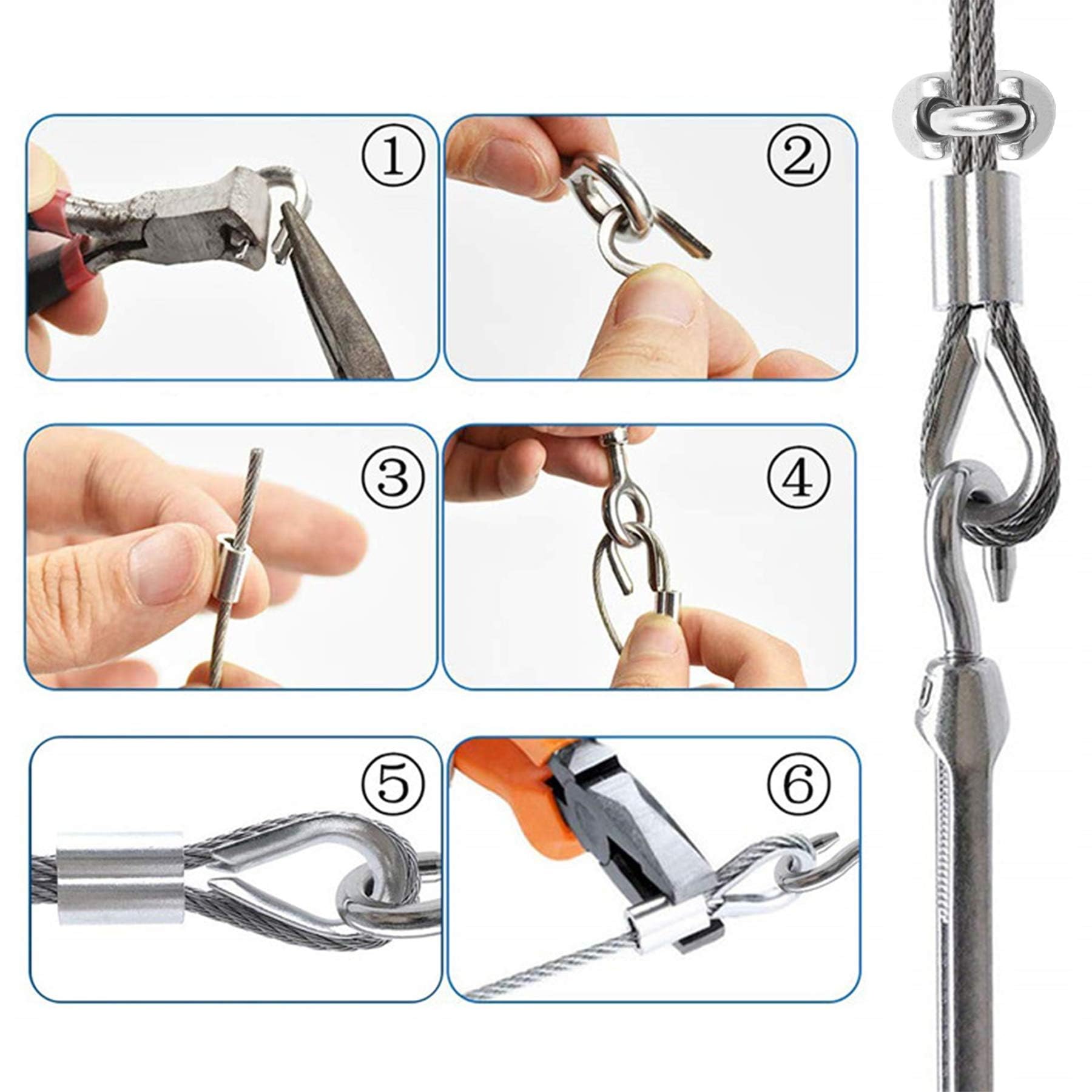 20M Drahtseil Edelstahl Stahlseil Gardinenseil 2mm PVC-Ummantelt | Aluminiumhülsen Alu Klemme 2mm | Drahtseil Kauschen 2 mm | M5 Spannschnall spanner | M2 Drahtseilkauschen | Schraubaugen