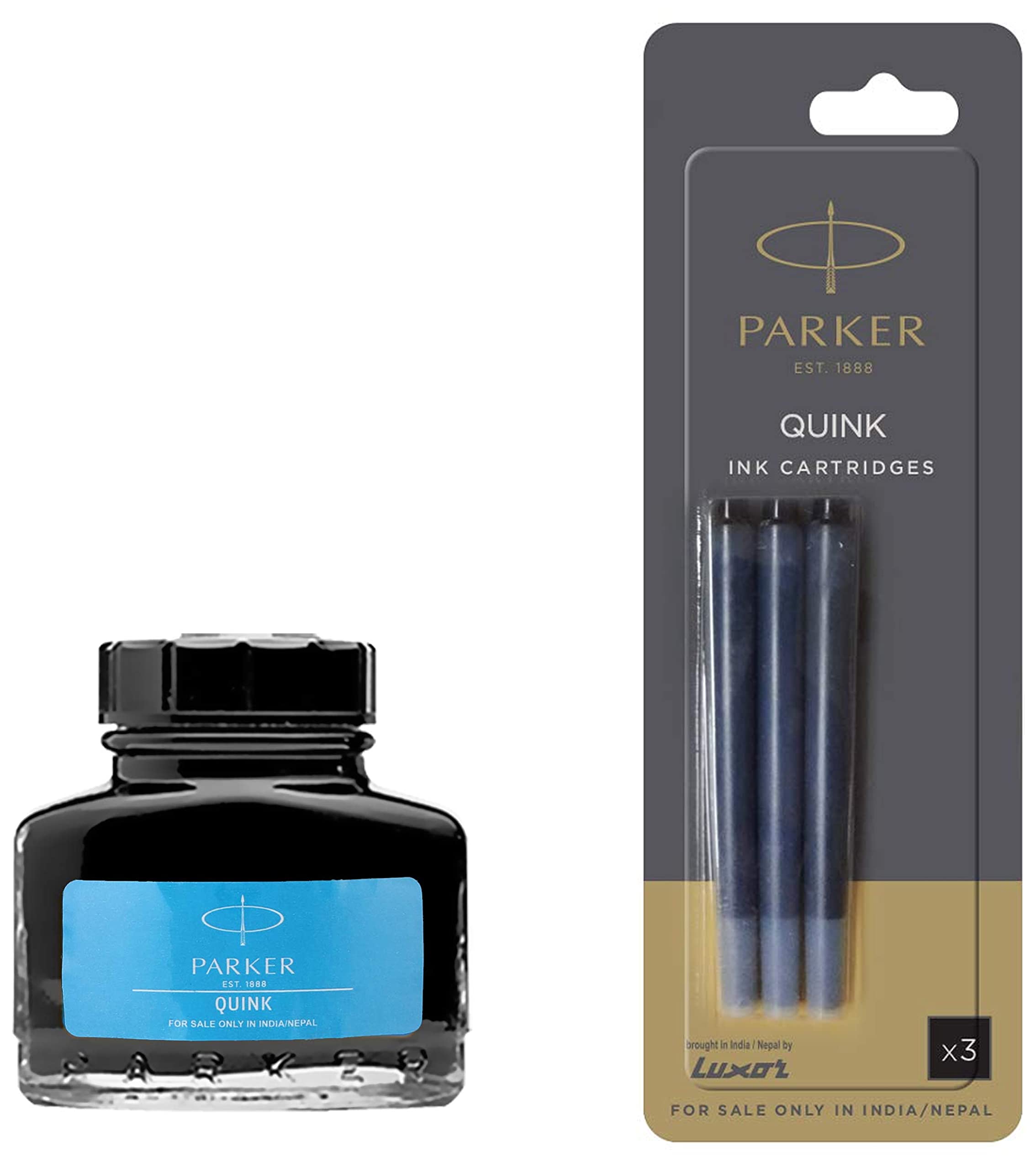 Parker Quink Ink Bottle, Blue & Parker Quink Ink Cartridges - Fountain Pen - Black- Pack of 3-image-4