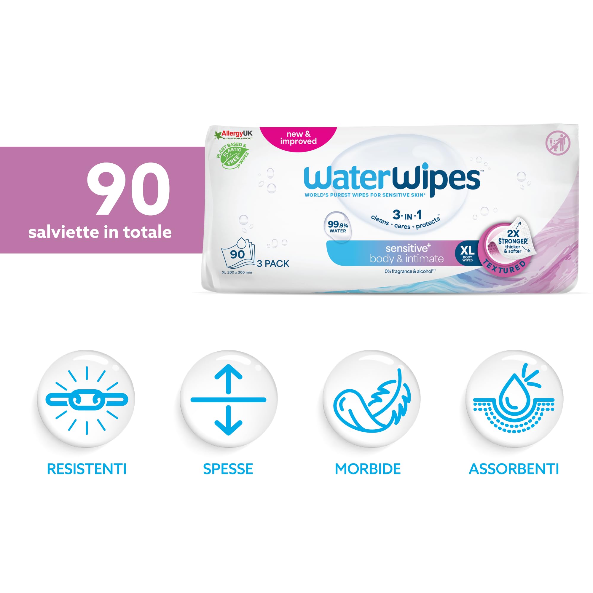 WaterWipes Sensitive+ Body & Intimate Wipes, Corpo e Igiene Intima, 90 Pezzi (3 Confezioni), Deterge, Cura, Protegge, 99,9% Acqua, Senza Profumo, Per Adulti