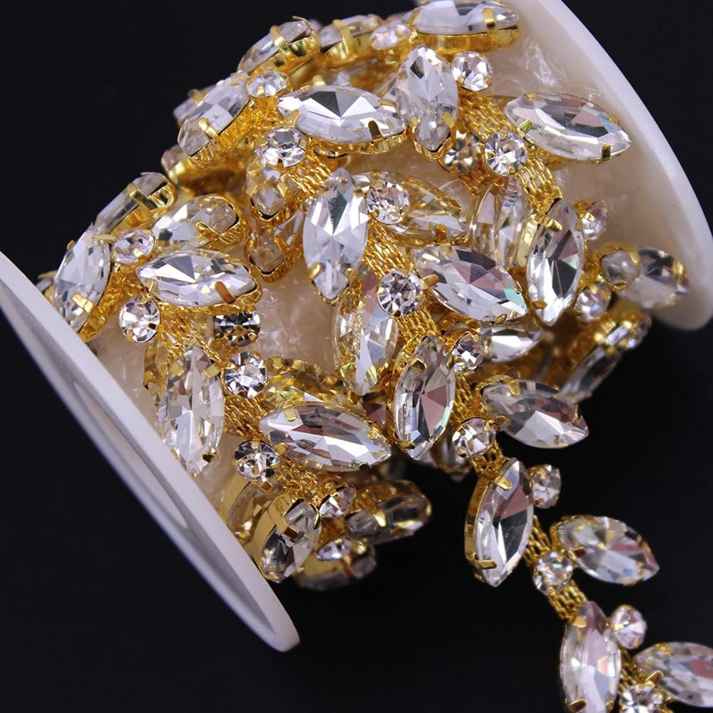 1 Yard AB Rhinestone Close Chain Trimming Applique for Sewing Craft, Jewelry Making, DIY Crafts Wedding Party Embellishments (Gold)