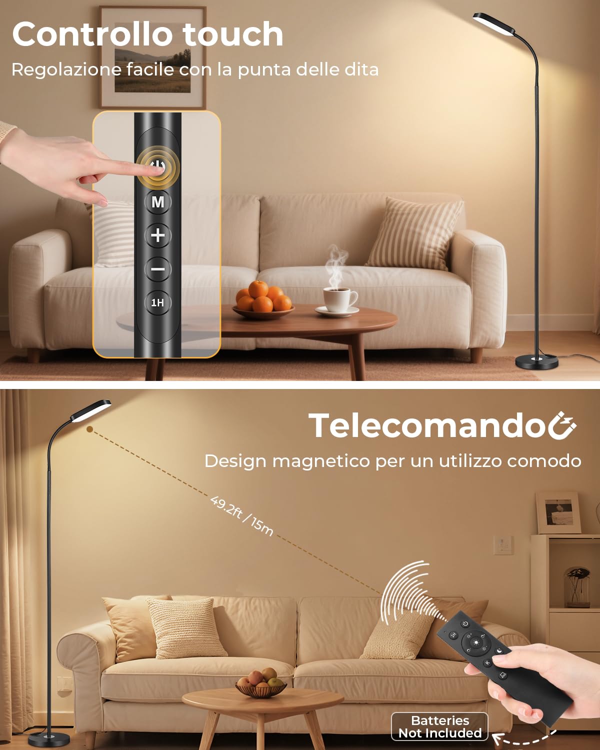 Lampada da terra LED dimmerabile 18W, 1850 lm – Lampada da terra salotto con telecomando, 3000–6500K, piantana moderna con luce regolabile, lampada da lettura