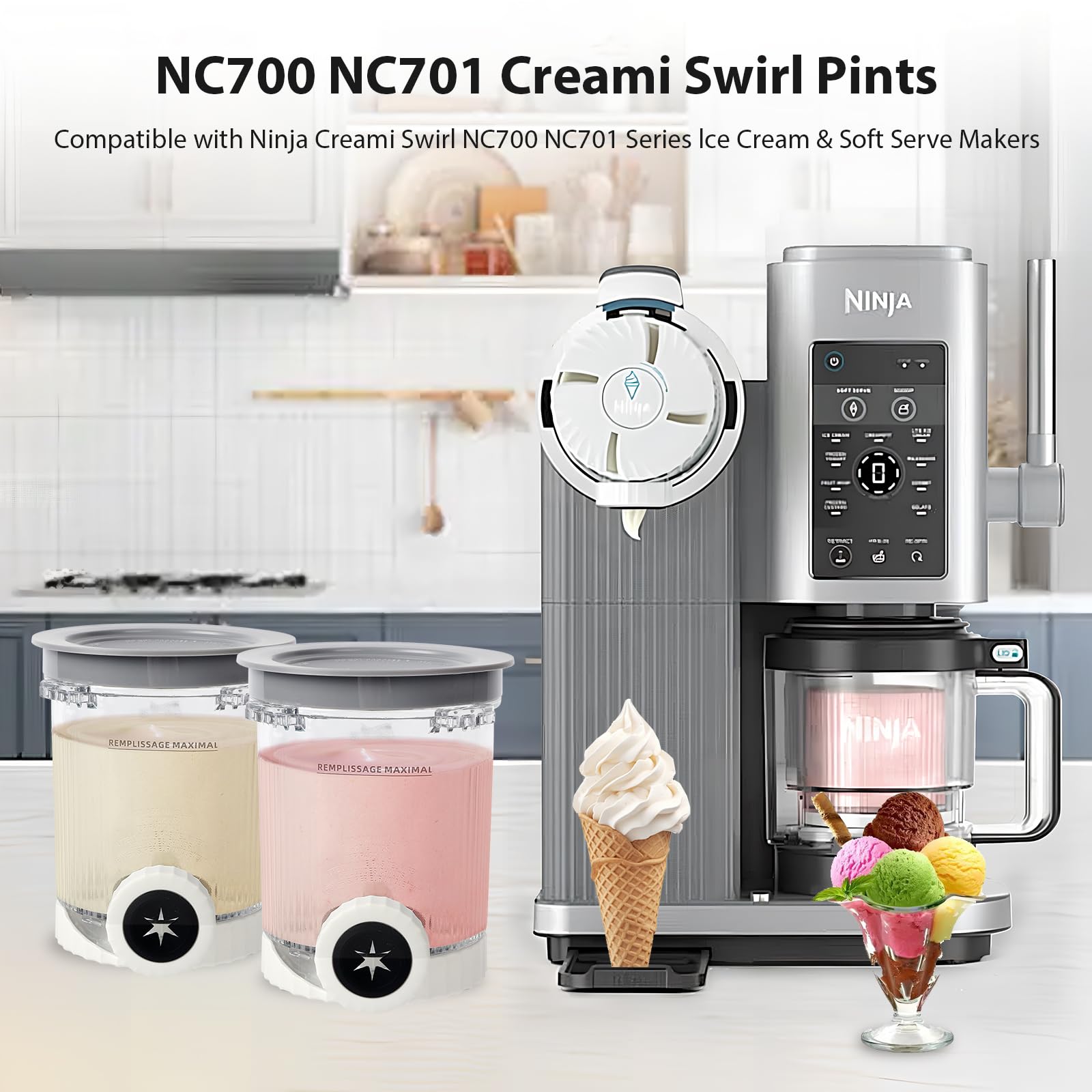 Lot de 2 récipients pour pintes Ninja Creami Swirl avec couvercle, compatibles avec NC700 701 NC701Q CN701CO Ninja Creami Swirl Pintes, sans BPA et passent au lave-vaisselle (4 pièces)