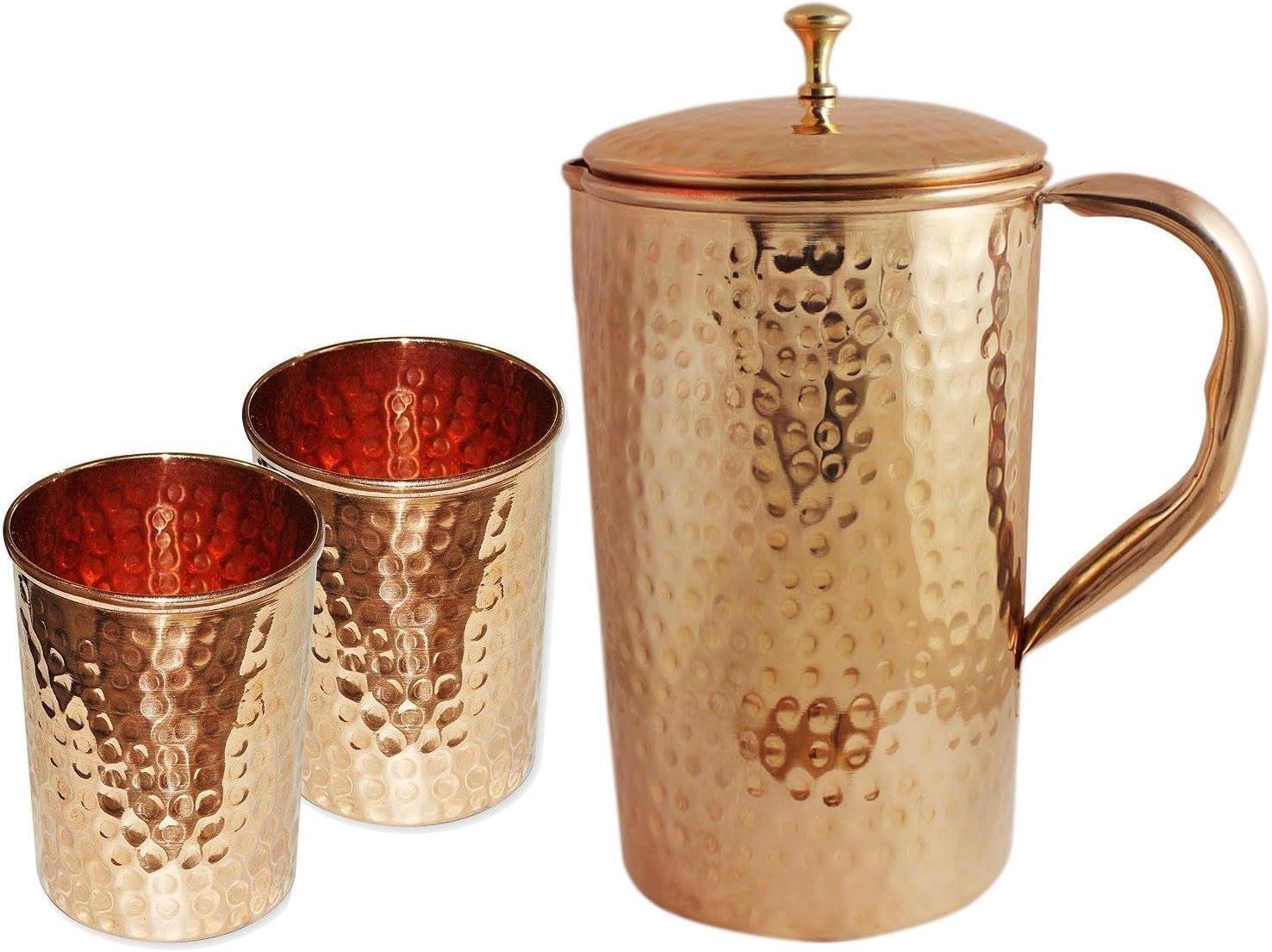 2 Pieces Drinking Water Glasses with 1 Copper Pitcher Pitcher, The Great Product of ayurveda (Hammered)