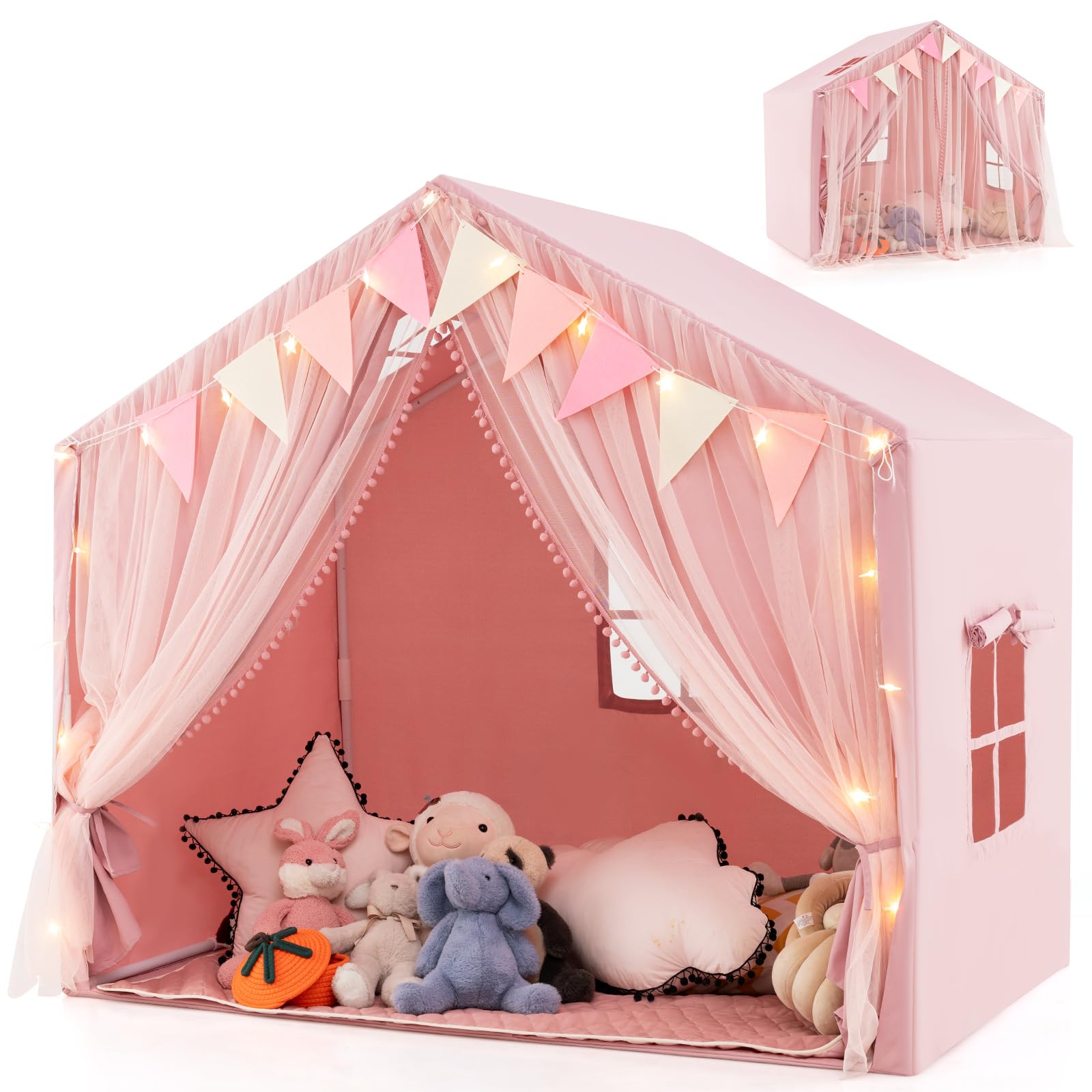 HOMASIS Tenda per Bambini Indoor, Casa da Gioco con Tappetino, Luci e Bandiere, Tenda da Gioco in Cotone, Tenda per Principesse per Ragazze e Ragazzi dai 3+ Anni per Camera dei Bambini (Rosa)