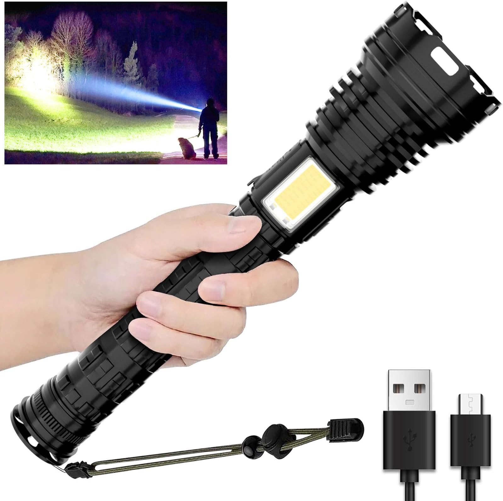 Rechargeable Flashlight, 90000 Lumen High Power LED, USB Rechargeable Battery, IPX7 Waterproof, COB Side Light, Zoomable, 7 Lighting Modes