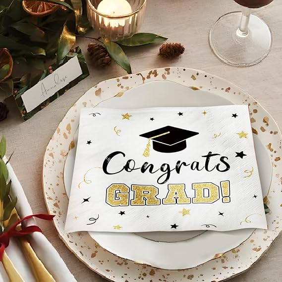 Pack of 50, Congrats Grad Napkins, Disposable Paper Napkins Decorations, White and Gold with Graduation Cap Design for High School and College Graduation, Prom Party Supplies, 13x13 Inches Unfolded