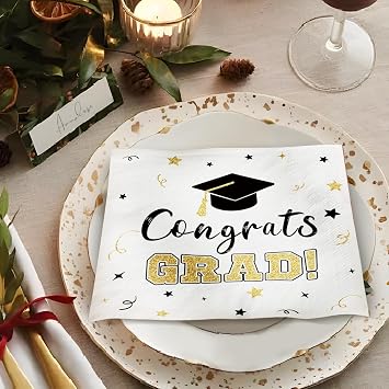 Pack of 50, Congrats Grad Napkins, Disposable Paper Napkins Decorations, White and Gold with Graduation Cap Design for High School and College Graduation, Prom Party Supplies, 13x13 Inches Unfolded
