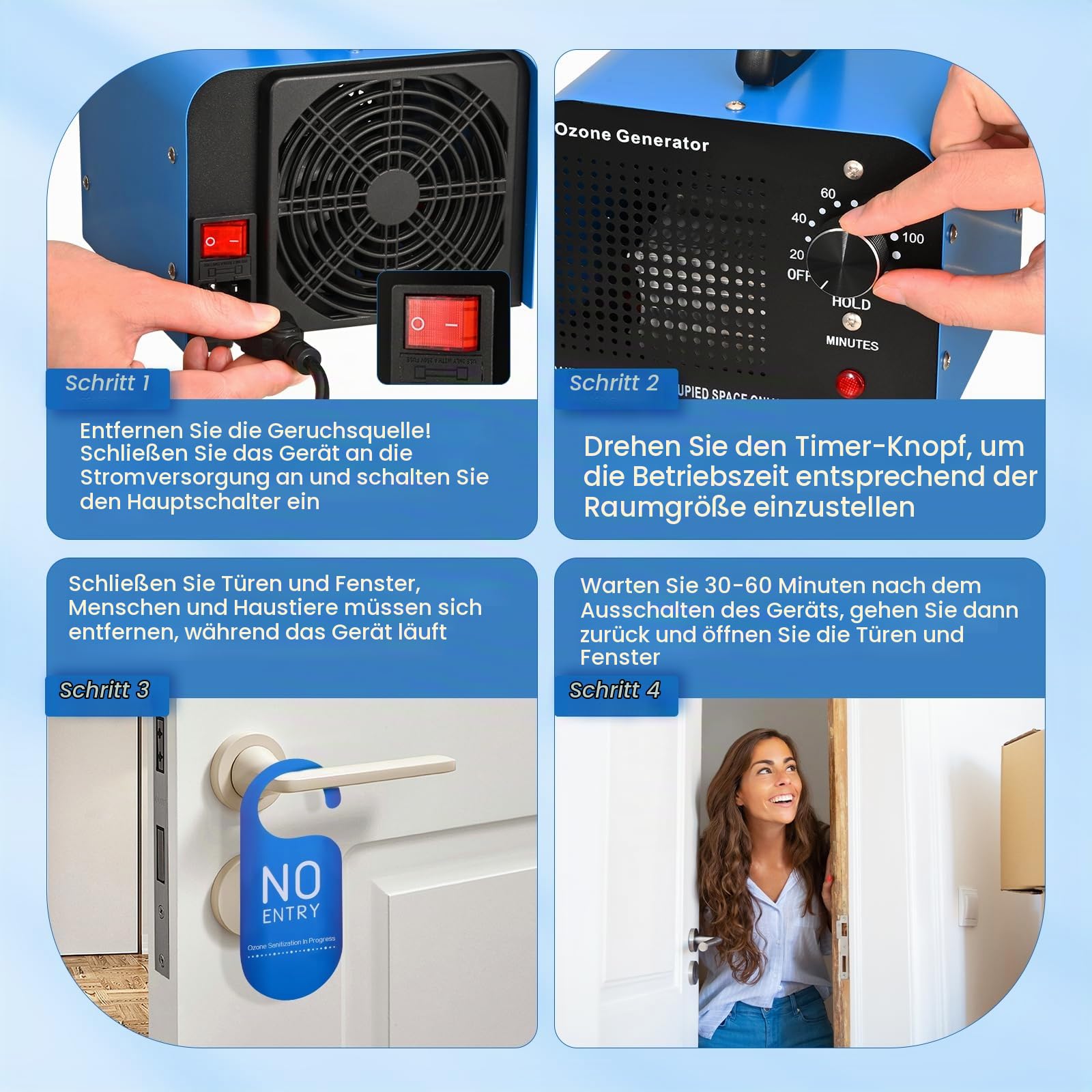 Ozongenerator 60000mg/h, Ozon Luftreiniger mit 5 Timer für 300㎡ Geruchskiller, Ozonisator Industrieller Tragbarer O3 Ozon Luftreiniger für Auto, Garage, Wohnung, Hotel, Küche und Haustiere (Blau)