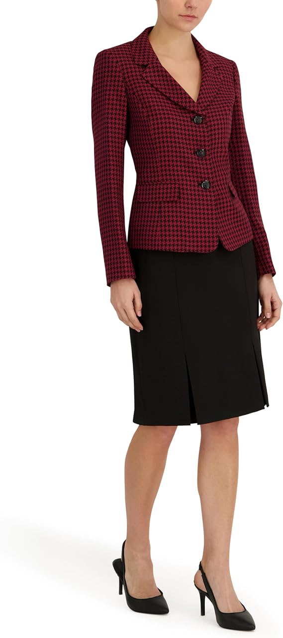 Le Suit Women's Houndstooth Jacket with Flap Pockets & Skirt