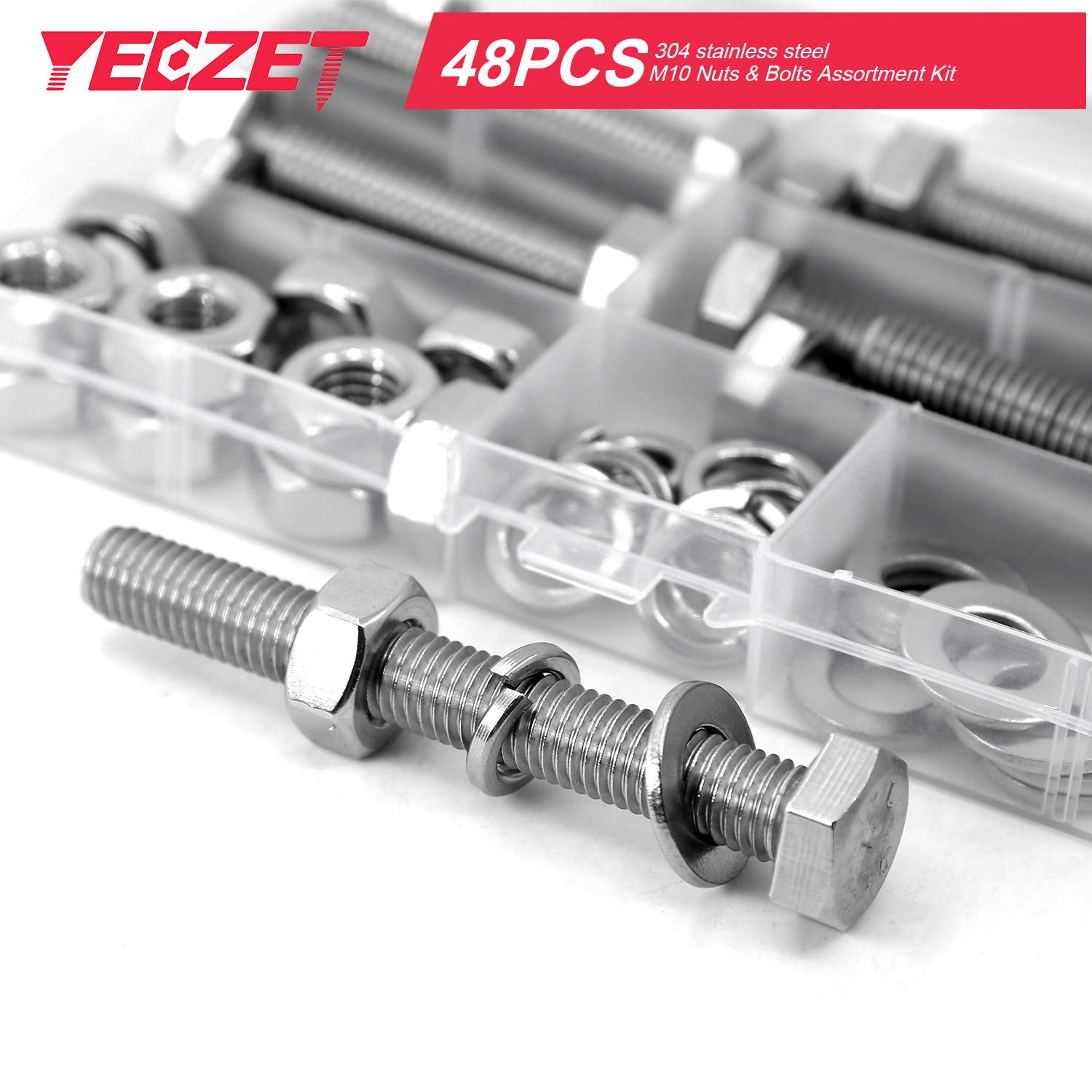 Set di 12 viti in acciaio inox M10 resistenti bulloni e dadi piatti e rondelle di bloccaggio, kit assortito in acciaio inox 304 18-8, filettatura completamente macchina, 40 mm, 50 mm, 70 mm, 80 mm
