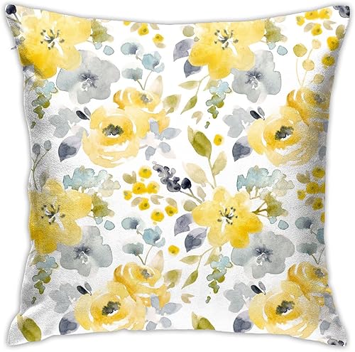 VARUN Fundas de almohada con flores amarillas, hermosas flores, hojas grises, fundas de almohada cuadradas para decoración del hogar, sofá,