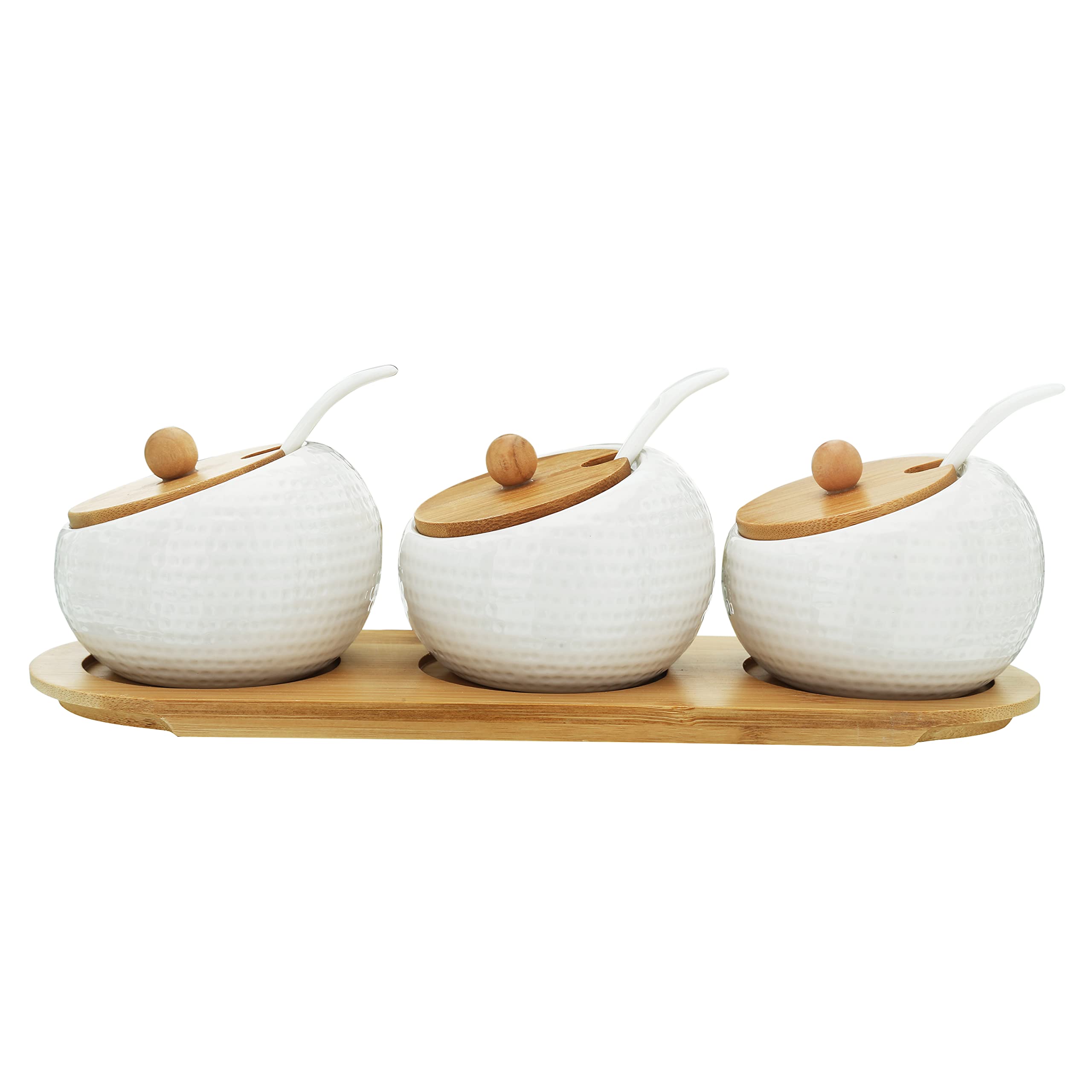 TAGROCK Ceramic Pickle Containers | Basic Ripple Style Kitchen Accessories Pickle Jars Round Shaped White With Brown Lid & Stand_Set Of 3 Pcs