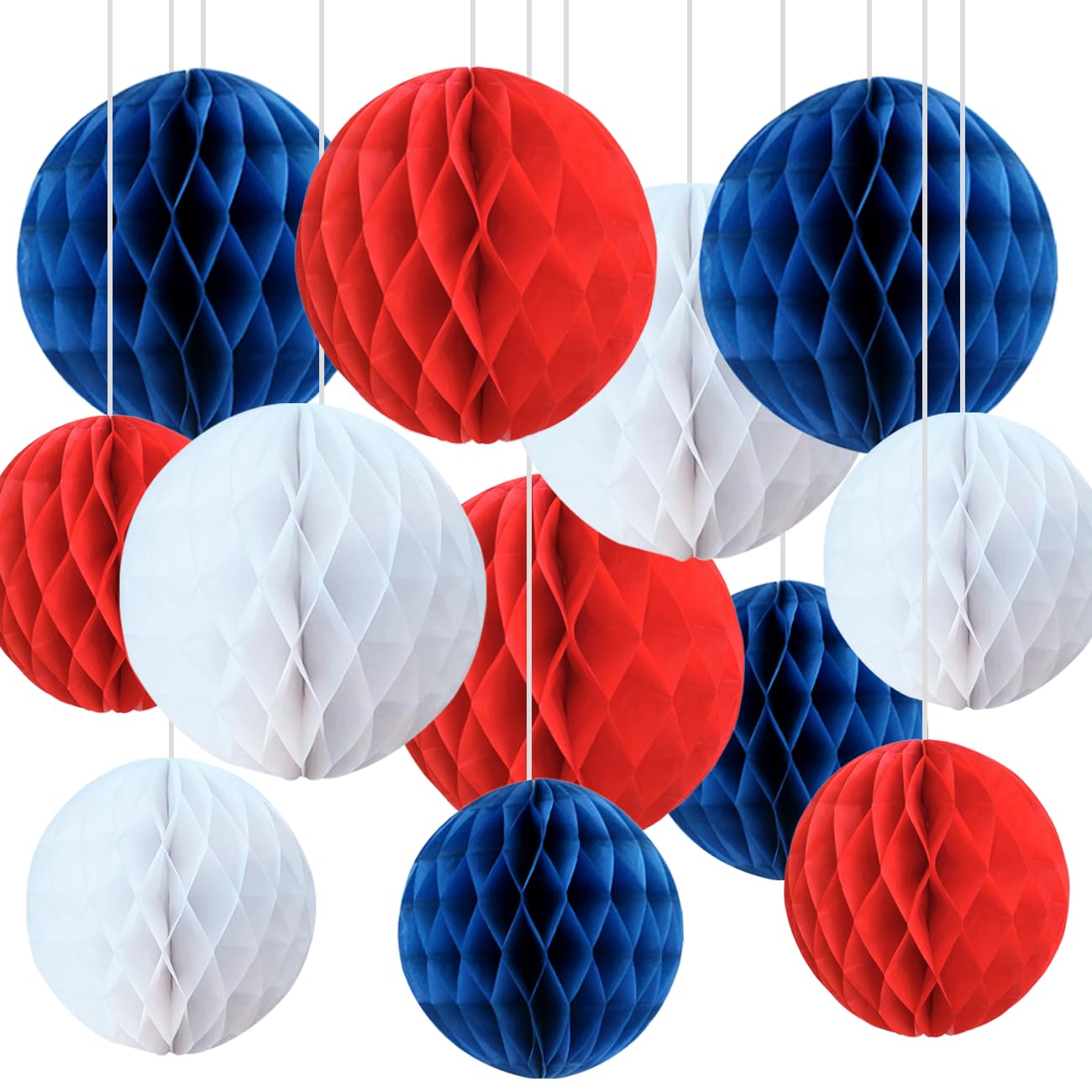 CC wonderland zone 12pcs Red Navy Blue and White Honeycomb Balls,Hanging Tissue Pom poms for Independence Day,July 4th Party,Memorial Day,Veterans Day,Party Decoration