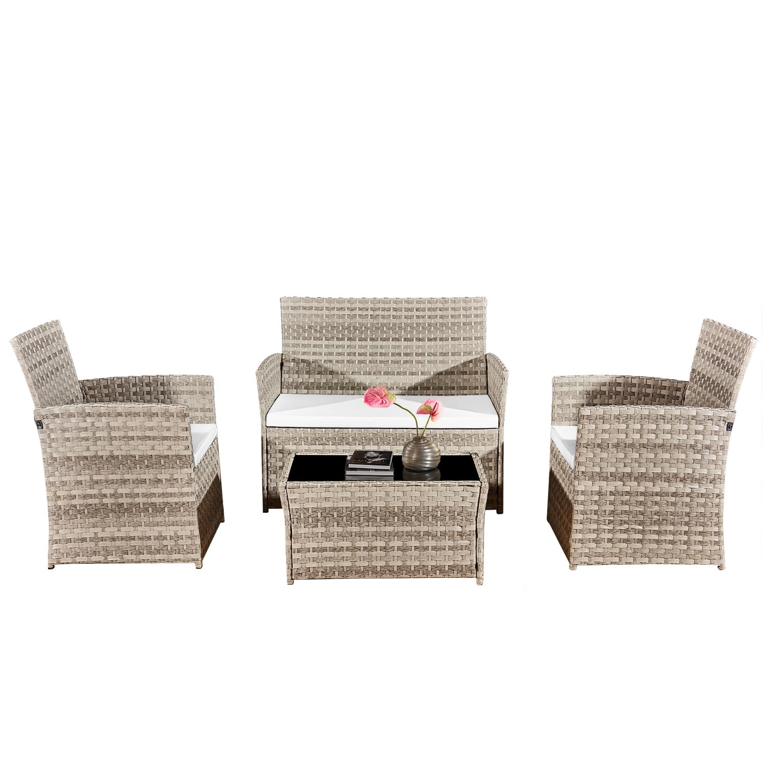 4pc Grey Rattan Outdoor Garden Furniture Set, Patio Sofa, Table & Chairs