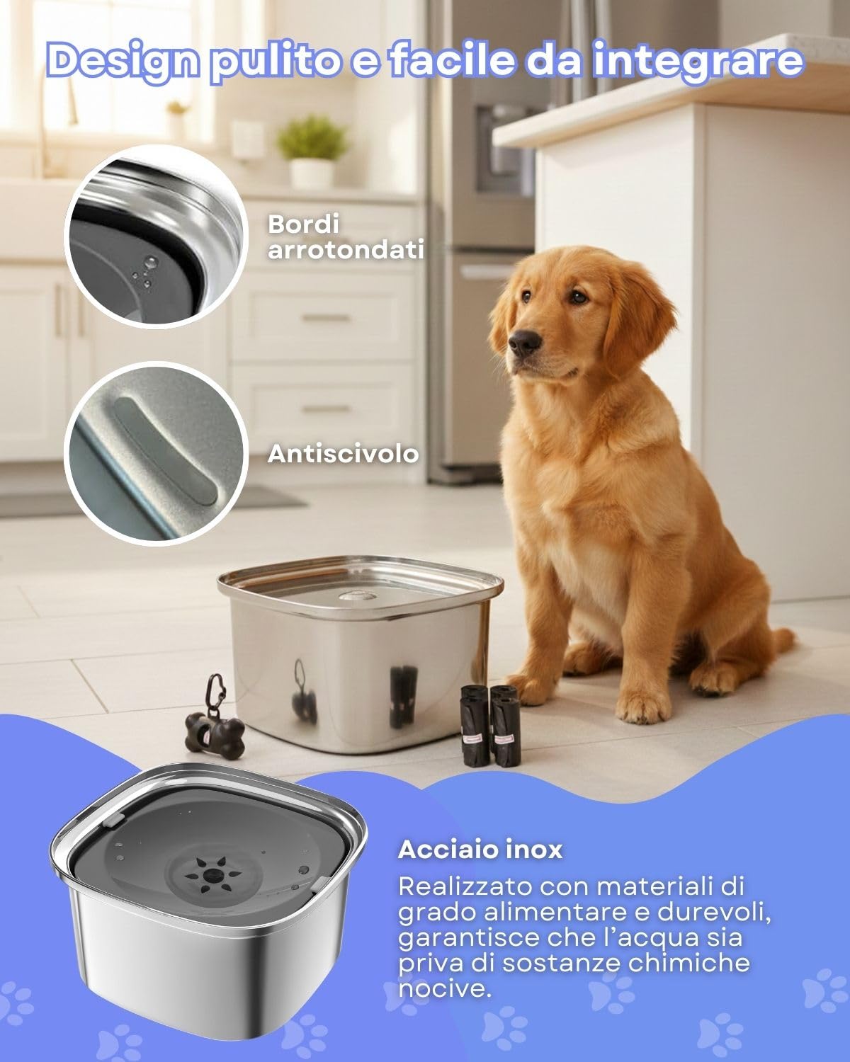 Ciotola per Cani - Capacità 3L - Recipiente Antigoccia Antischizzo Antiribaltamento - Accessorio Animali Base Antiscivolo - Ciotola Acqua Cane - Dispenser Con 4 Sacchetti Inclusi