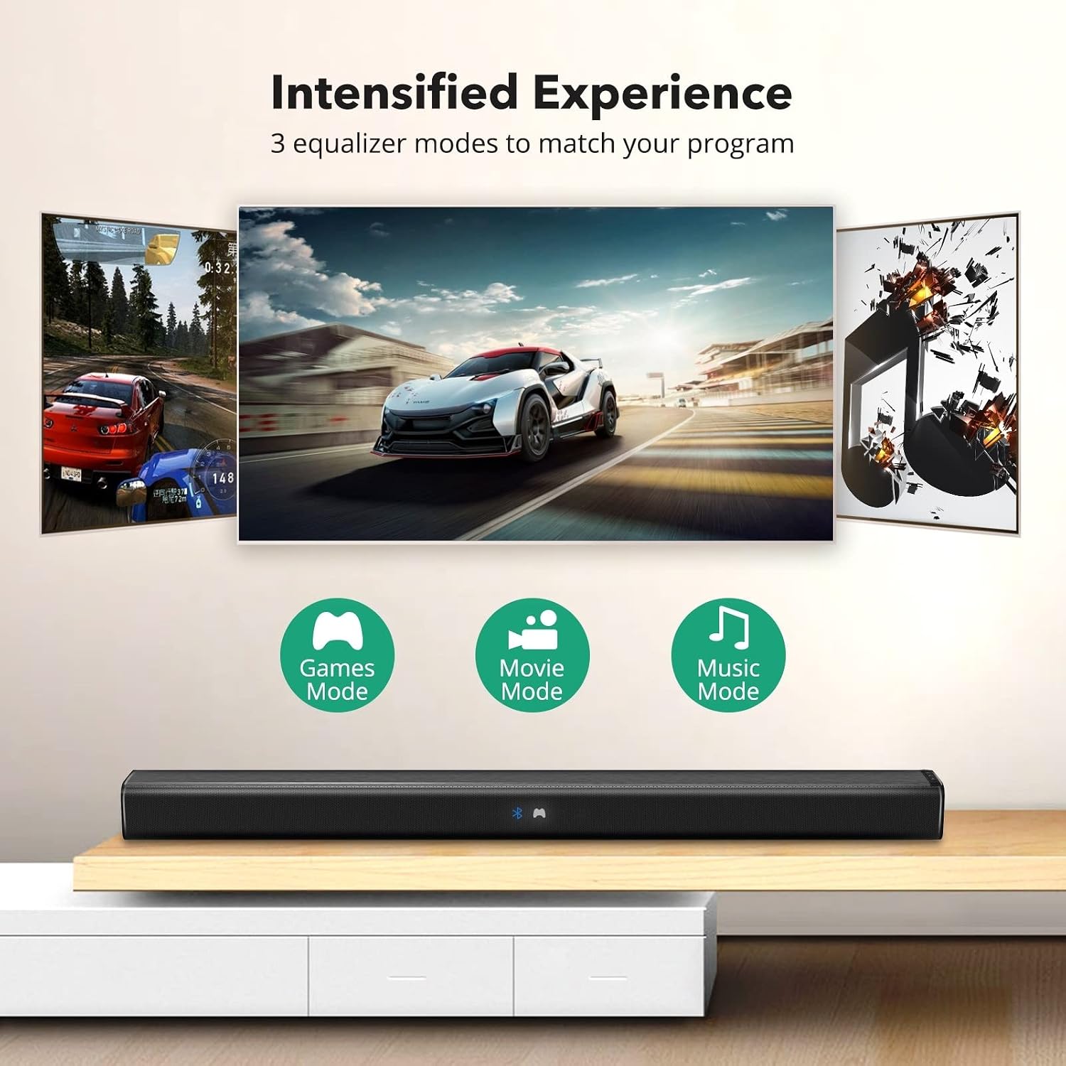 TV Soundbar, Wired & Wireless Bluetooth 5.0 Stereo Sound bar for TV, 32 inch TV Speaker Three Mode Optical/Aux/RCA Connection, Wall Mountable, Remote Control, Deep Black