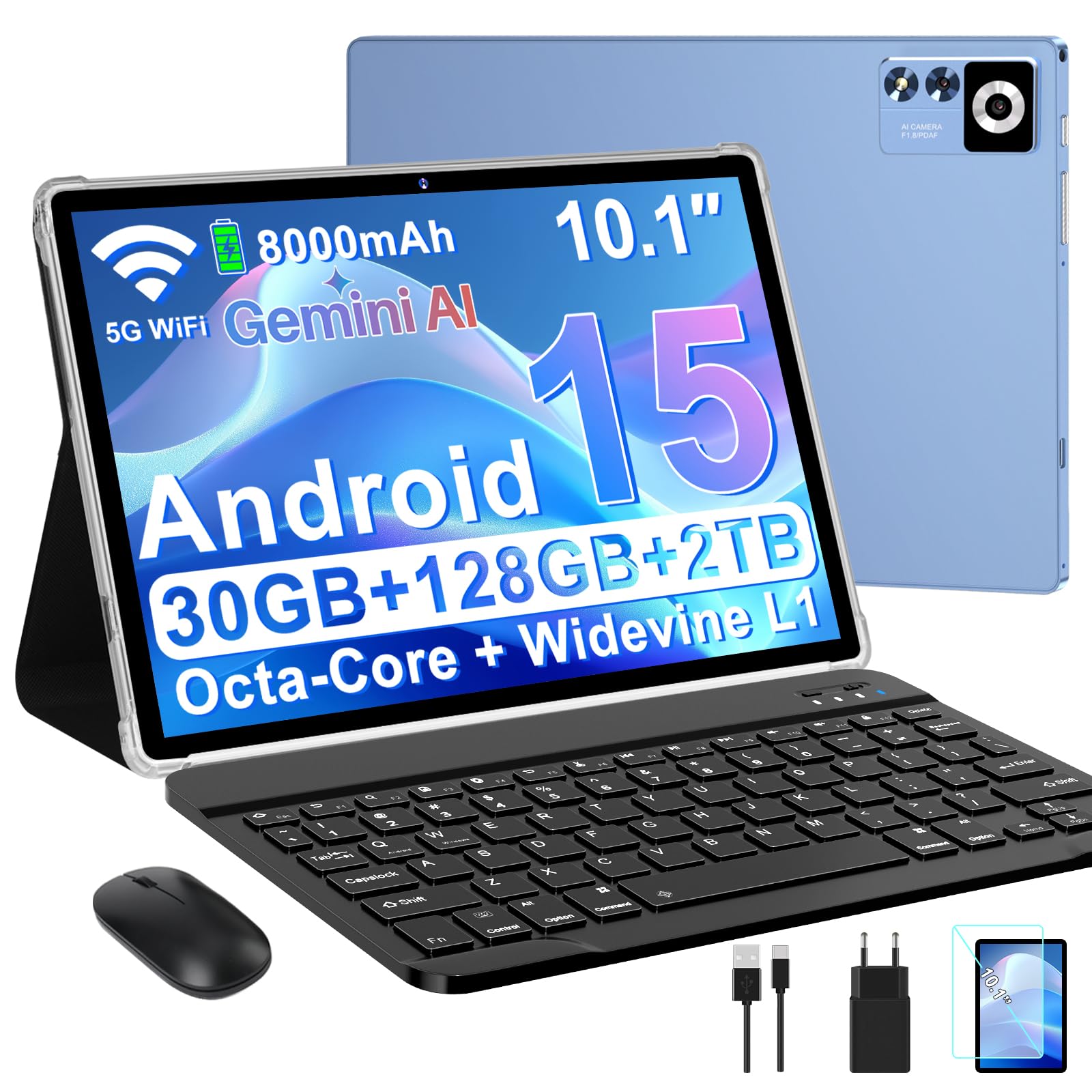 ZIOVO Android 15 Tablet 10 Zoll Gemini AI, 30GB RAM+128GB ROM(TF 1TB), 5G WLAN, Octa-Core 2.0GHz, Widevine L1, 8000mAh, BT 5.0, GPS, Face ID, Tablet mit Tastatur, Maus - Blau