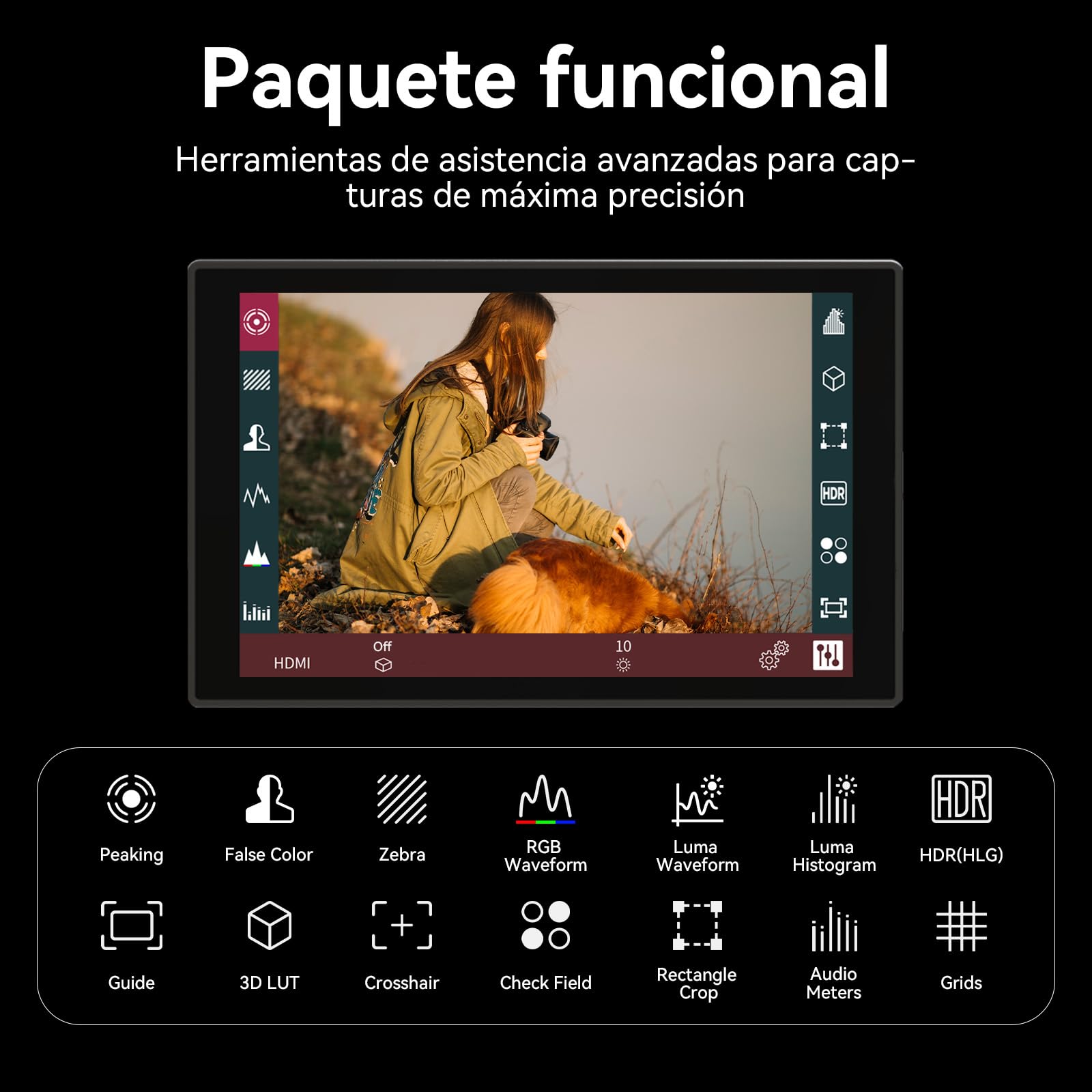 Portkeys HD7T Monitor de Campo para Cámara 7" Táctil, Pantalla de Alta Luminosidad 1000 Nits con Teclas de Acceso Rápido, Compatible con DSLR con Parasol
