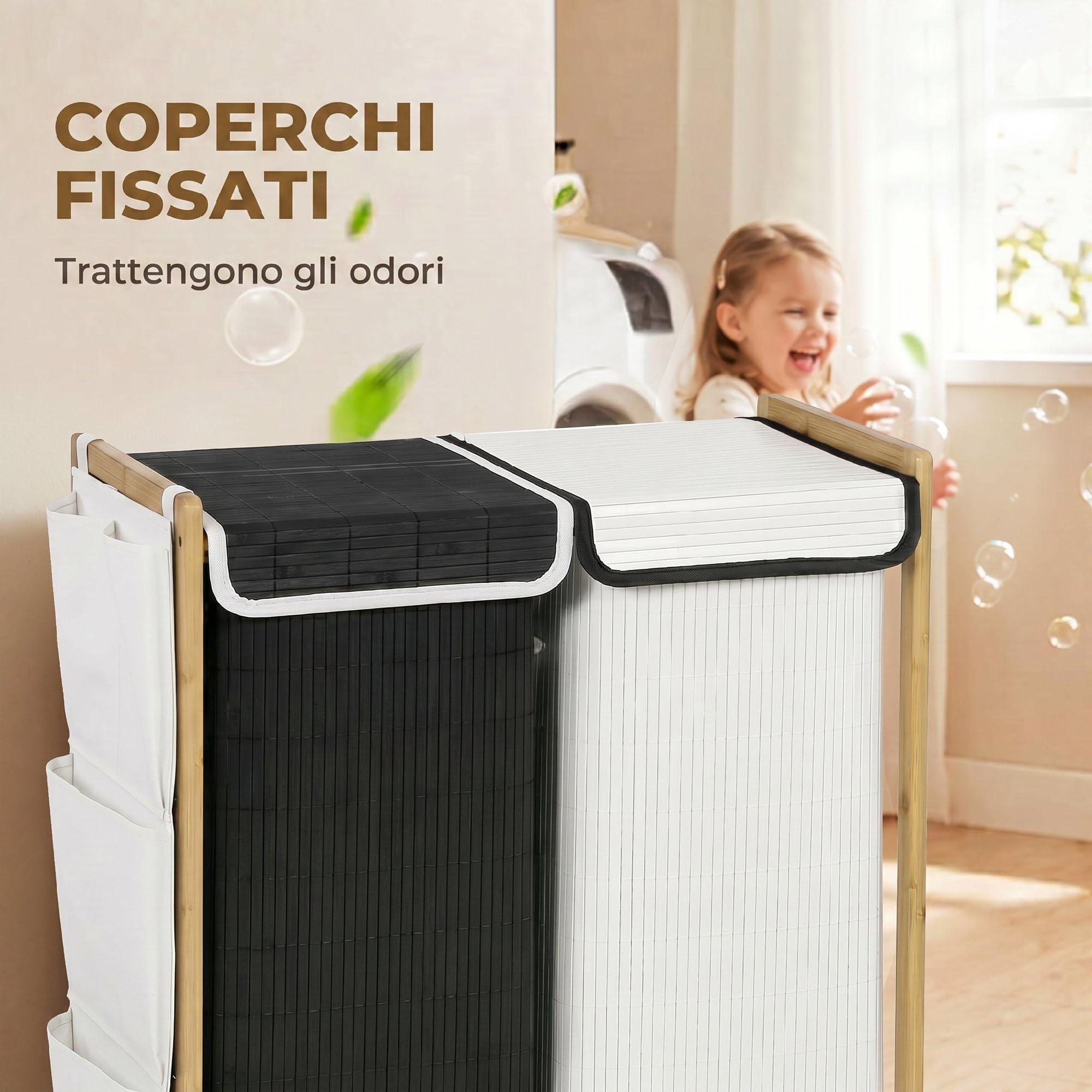 HOMCOM Cesto Portabiancheria 2 Scomparti 120L Coperchi Bambù Nero/Bianco | Tasche Laterali, Sacchi Estraibili, Grande Cesto Biancheria Sporca, per Camera da Letto e Bagno