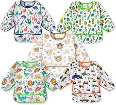 Pack of 5 Waterproof Baby Bibs with Reusable Sleeves, Easy to Clean with Food Catcher - Comfortable Fit and Sleeves with Elastic Band.