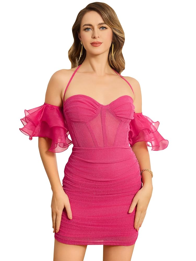 Amazon.com: WDIRARA Women's Off Shoulder Mesh Ruffle Trim