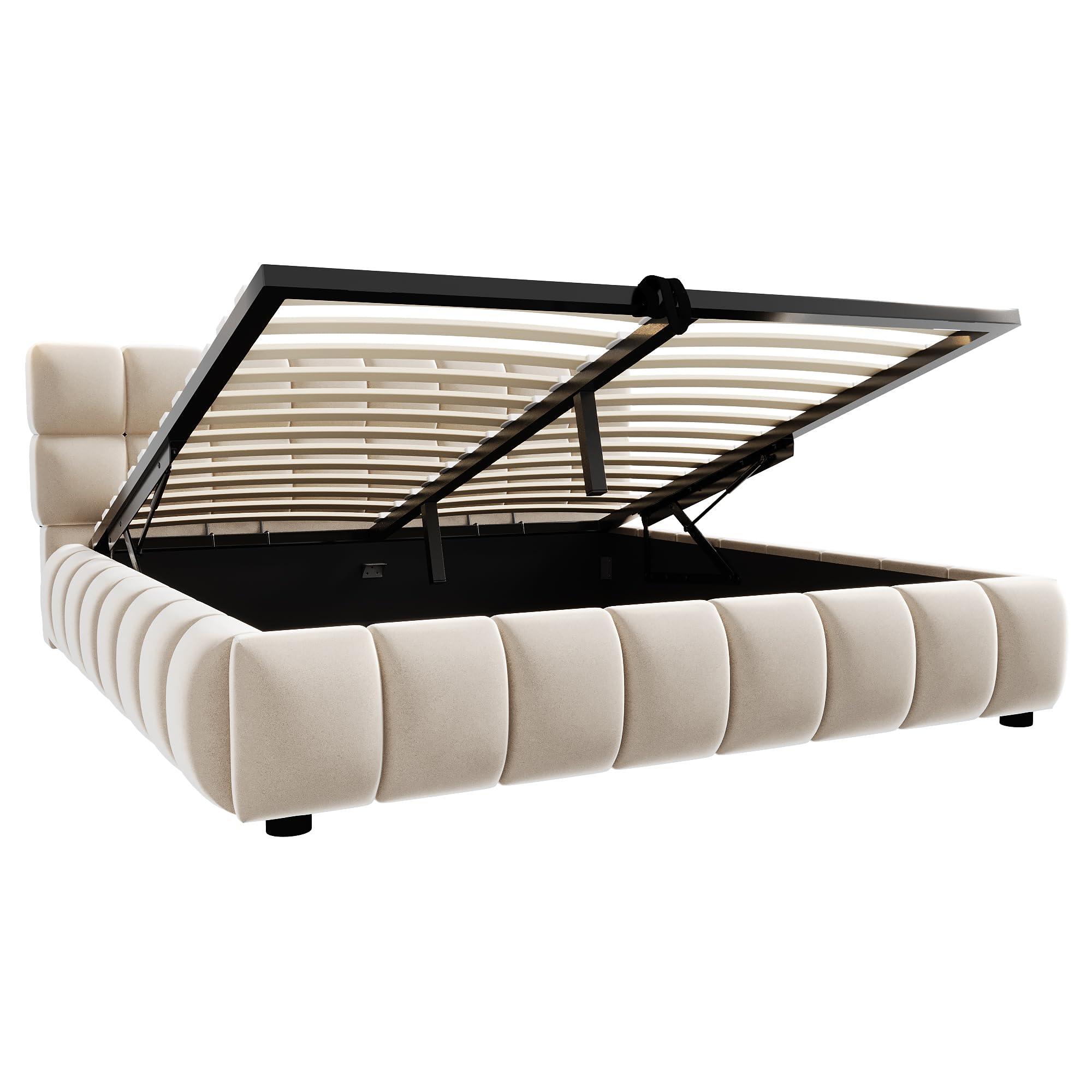 Cama tapizada de 140 x 200 cm, cabecero y laterales de cama con forma sólida y voluminosa, equipada con función de almacenamiento hidráulico, colchón integrado, cama doble, tela de terciopelo, sin